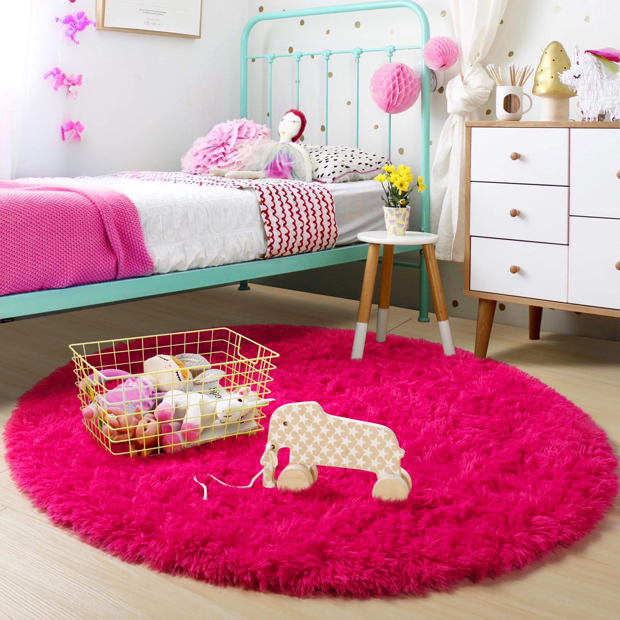 Hot Pink Round Rug 4Ft for Girls Bedroom, Fluffy Circle Area Rugs