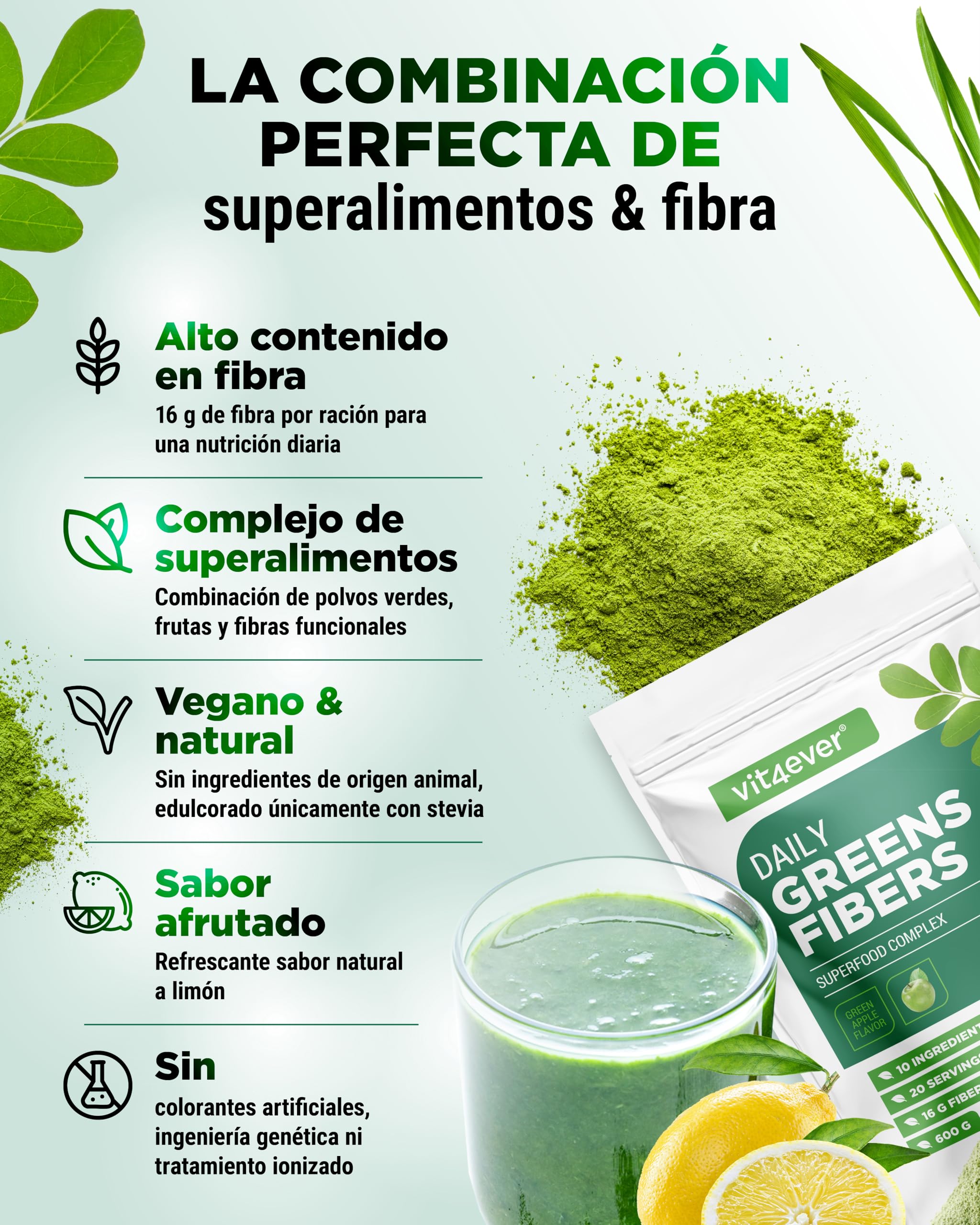 vit4ever Daily Greens & Fiber - Polvo 600 g - 16 g de Fibra - Limón