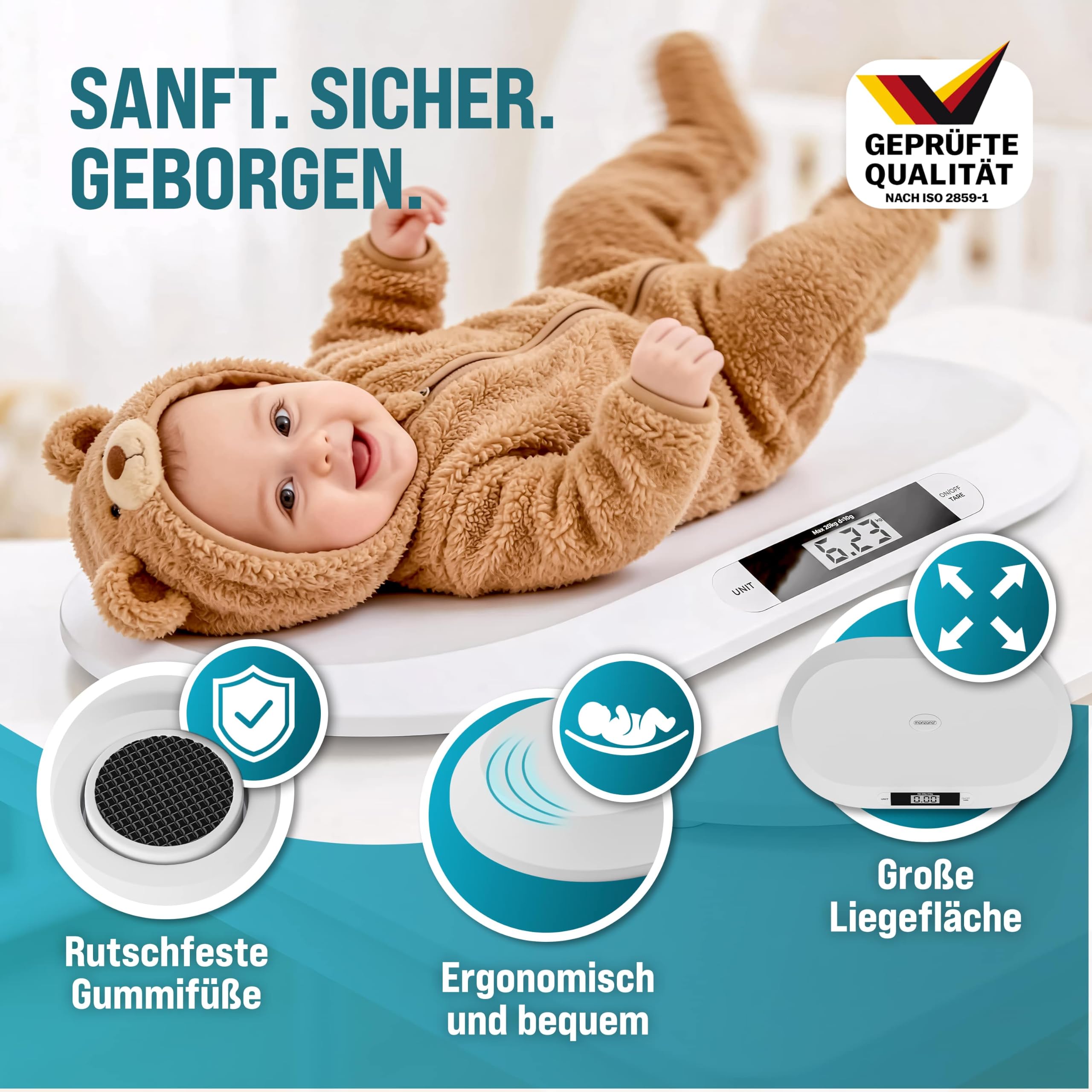 MONZANA® Digitale Babywaage bis 20 kg Säuglingswaage mit Tara-Funktion - Große Liegefläche LCD-Display Stillwaage Holdfunktion Hunde & Katzen Kleintiere