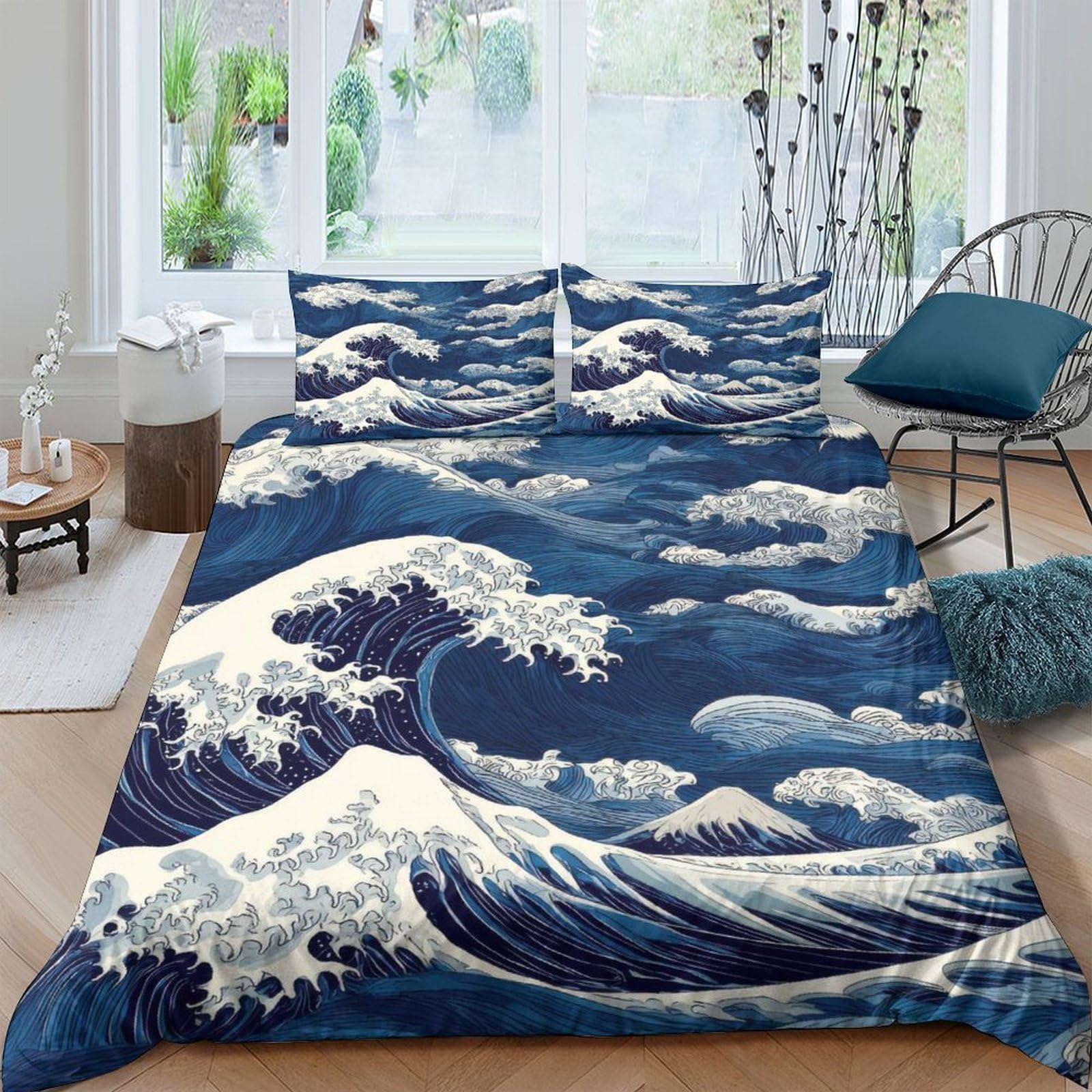 Ctjqhvkz Style-2 3D Printed Great Wave Fitted Sheet Microfiber Blue Ocean Art Mattress Cover For Bedroom Dorm Apartment Bed Decor Single（135X200cm）