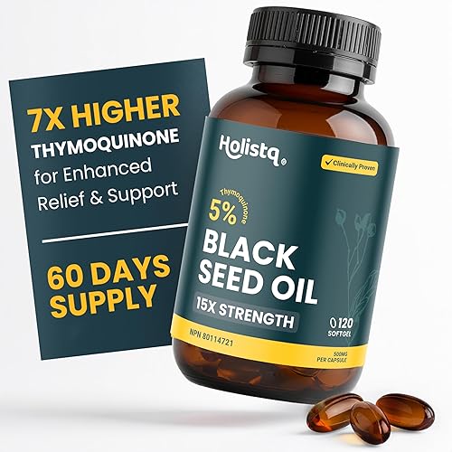 Holistiq Aceite de semilla negra orgánico prensado en frío cápsulas  5% timoquinona  Sin OMG y vegano  Aceite de semilla de comino negro Nigella