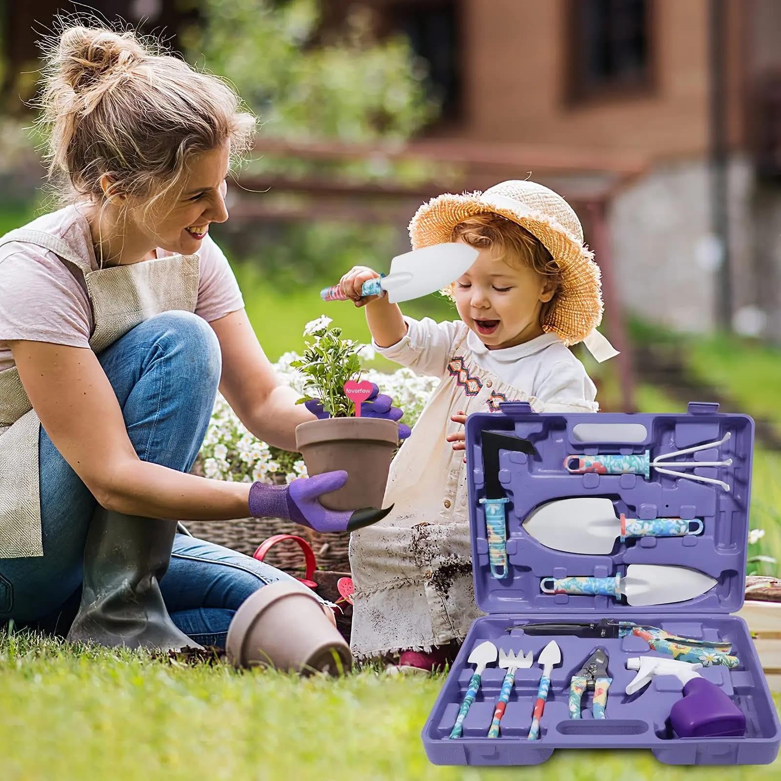 Juego de herramientas de jardinería - Diseño floral de 10 piezas - Perfecto para mujeres, niños, principiantes - Incluye estuche, paleta, podadora, rastrillo y más.
