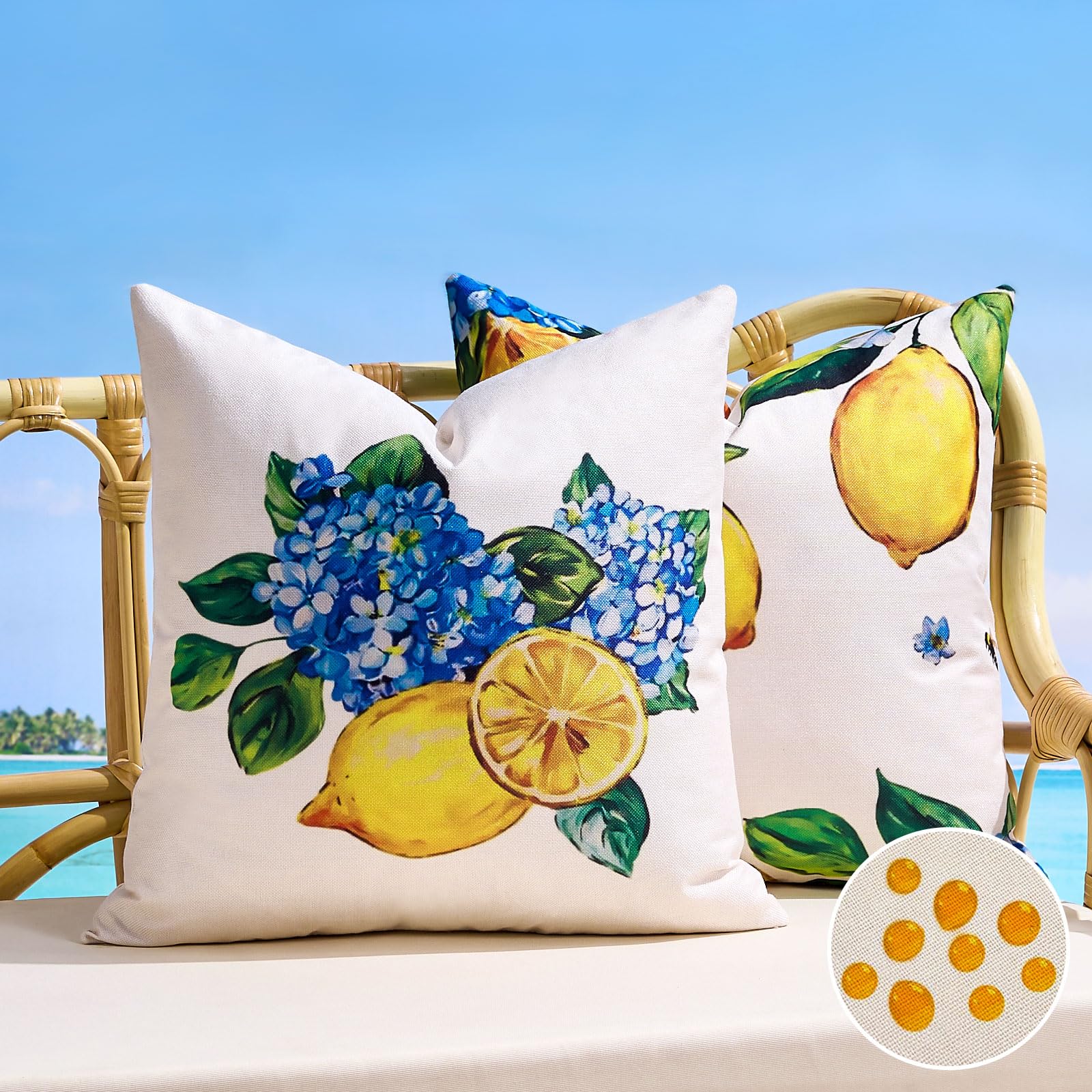 BonBotimen Lemon Cushion Covers 45 x 45 Decorative Pillows Covers Waterproof Outdoor Boho Couch Cover Spring Summer Farmhouse Decor for Sofa, Garden, Balcony and Living Room, Set of 2