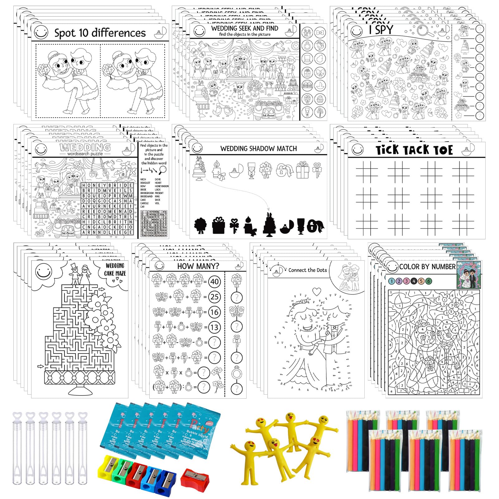 Kids Wedding Activity Pack - 6 Children Party Favors With Paper Card Art Sets, Heart Bubble Tubes, Pencil Crayons, Stretchy Toy, Bag Fillers