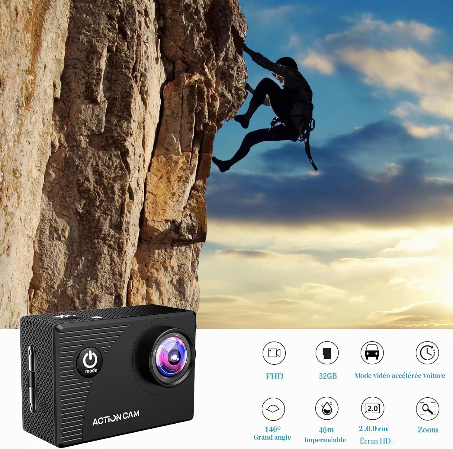 Xilecam Camera Sport 1080P avec Carte Mémoire 32GB,Etanche 131FT Caméra Étanche, avec Deux Piles Rechargeables 900 mAh Caméra Sport et kit d'accessoires(Noir)