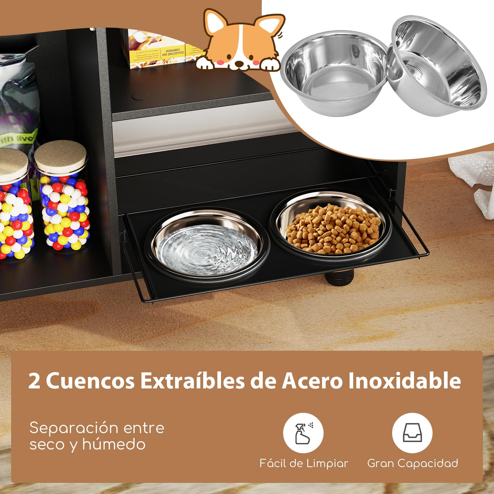 COSTWAY Gabinete de Almacenamiento de Alimentos para Perros, Comedero Perro Elevado con 2 Cuencos Elevados de Acero Inoxidable, Estantes, Estación de Alimentación para Suministros, 82 x 35 x 60 cm