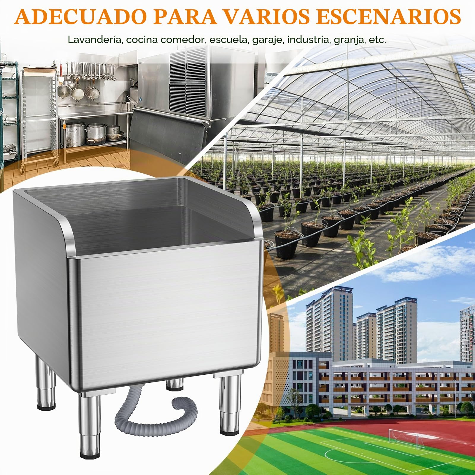 Fregadero de fregona de acero inoxidable con pies ajustables, barrera alta, soldadura sin costuras, fregadero comercial de gran capacidad para lavanderías, vestíbulos, restaurantes, plateado