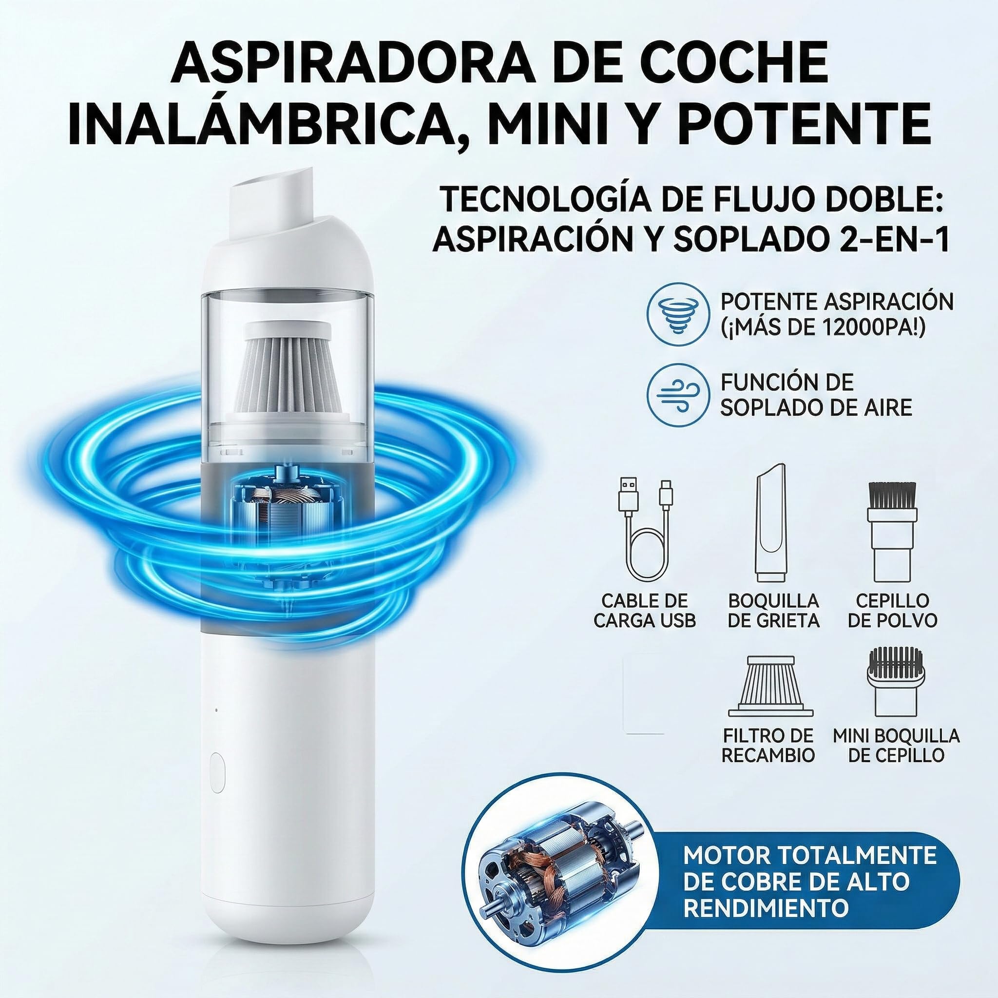 Genérico Aspiradora Sin Cable Coche 15000Pa, Aspirador 2 en 1 con Soplador para Coche y Hogar, Mini Aspiradora de Mano Potente con 2 Baterías Recargables y Kit Accesorios