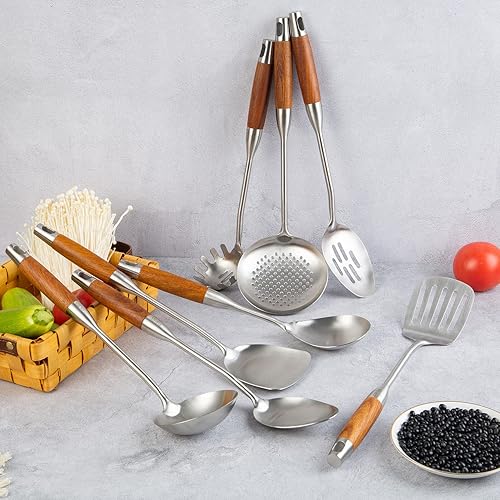 Miniatura 5 de Juego de utensilios de cocina de acero inoxidable 304 con mango de madera, 8 utensilios de cocina de metal y utensilios para servir, juego de
