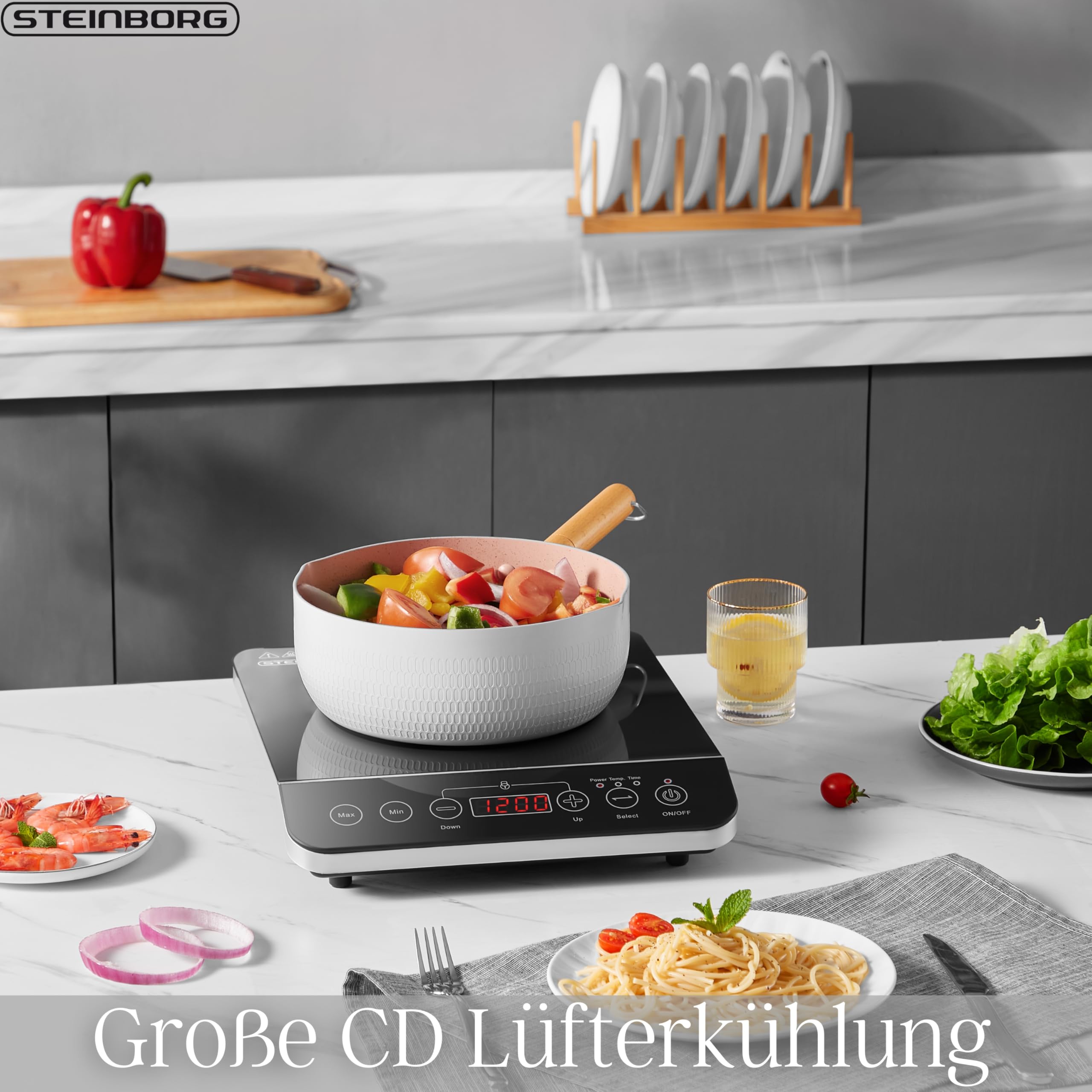 Steinborg® Induktionskochplatte Induktionskochfeld 1 Platte 2000 Watt Automatikprogramme Herdplatte Kochplatte Induktion Induktionsherd Touch Bedienfeld Kindersicherung Induktionsplatte