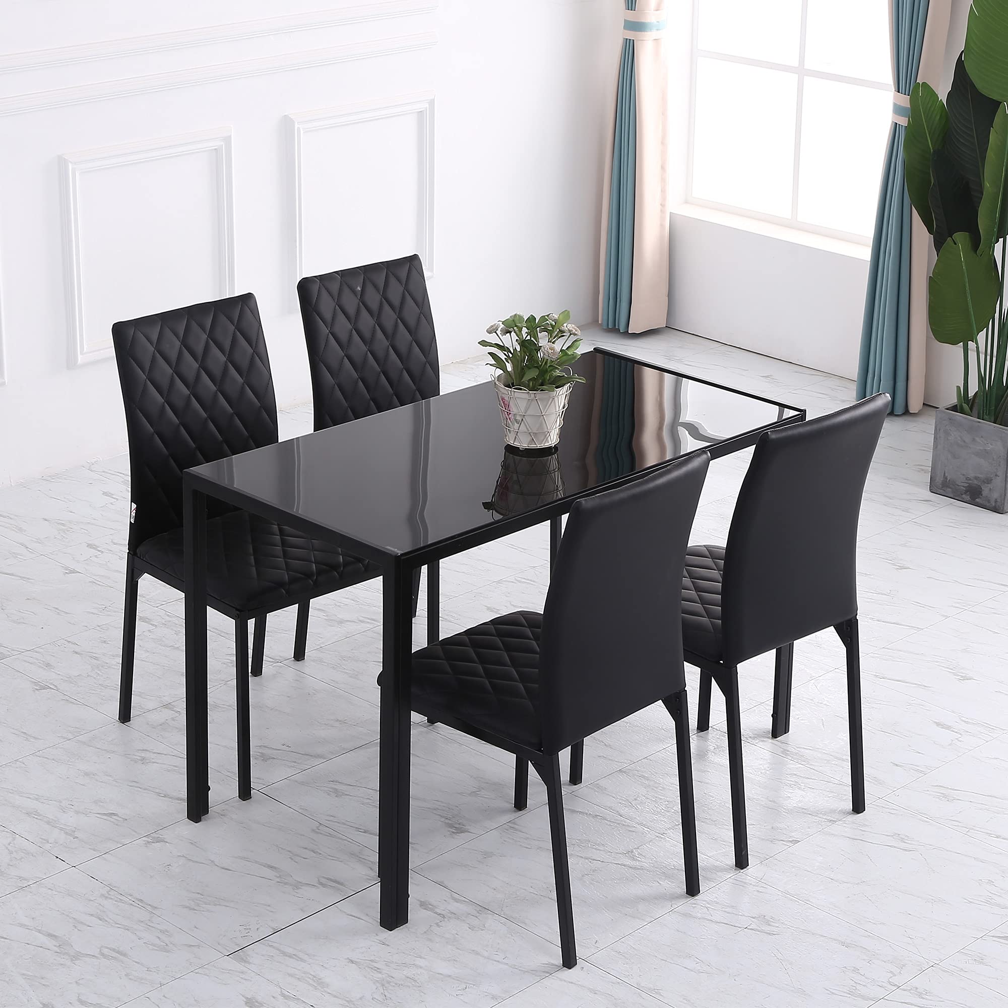 HOMCOM Pack de 4 Sillas de Comedor Modernas Respaldo Alto Negro | Sillas de Cocinas Modernas, Costuras Decorativas de Diamantes, Tapizadas en Cuero Sintético, Patas de Acero, Carga 120 kg