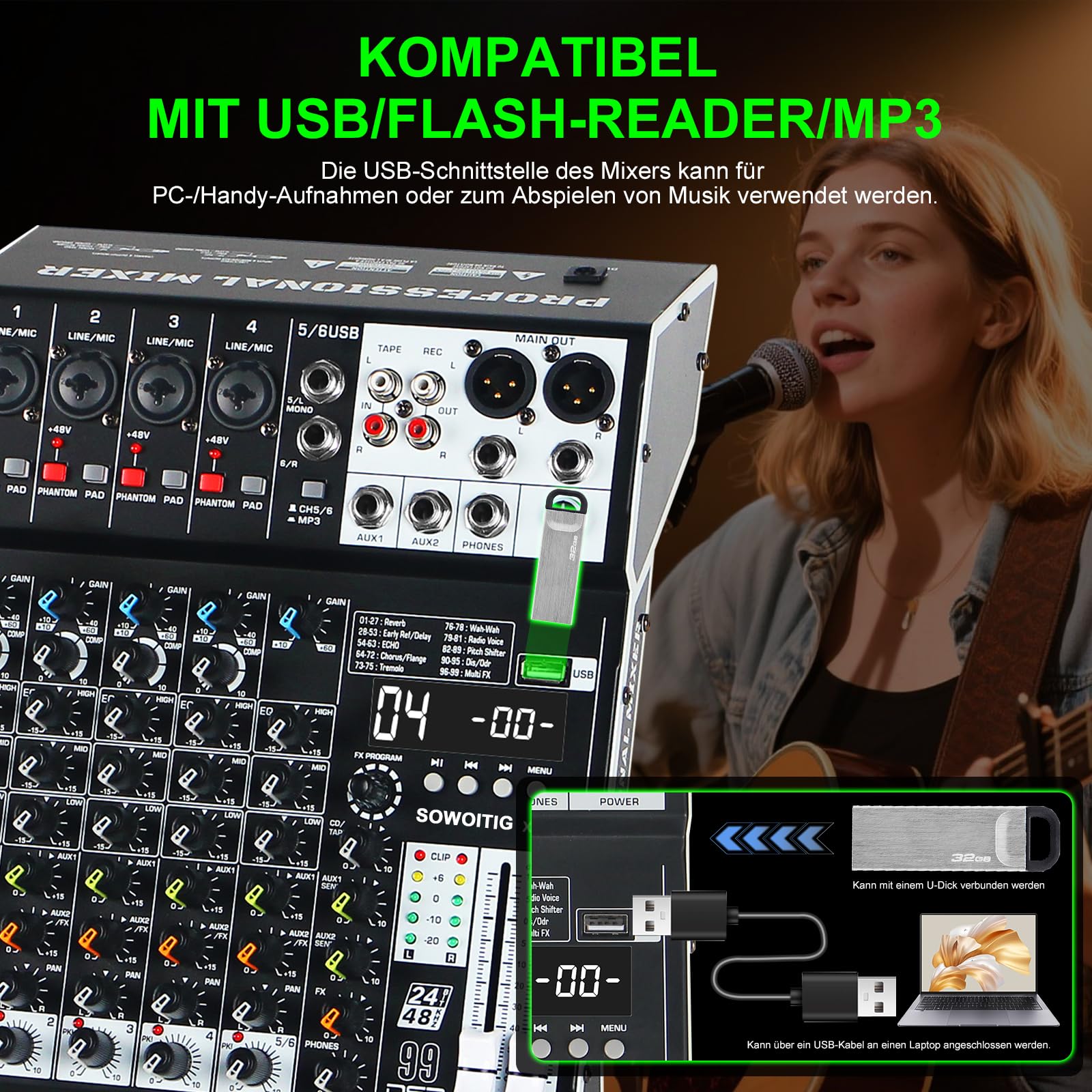 Mixer audio 6-canali professionale con console di mixaggio audio con effetti DSP 99, mixer DJ compatto con USB, Bluetooth, alimentazione phantom 48V e tasto PAD per registrazione, karaoke, PA