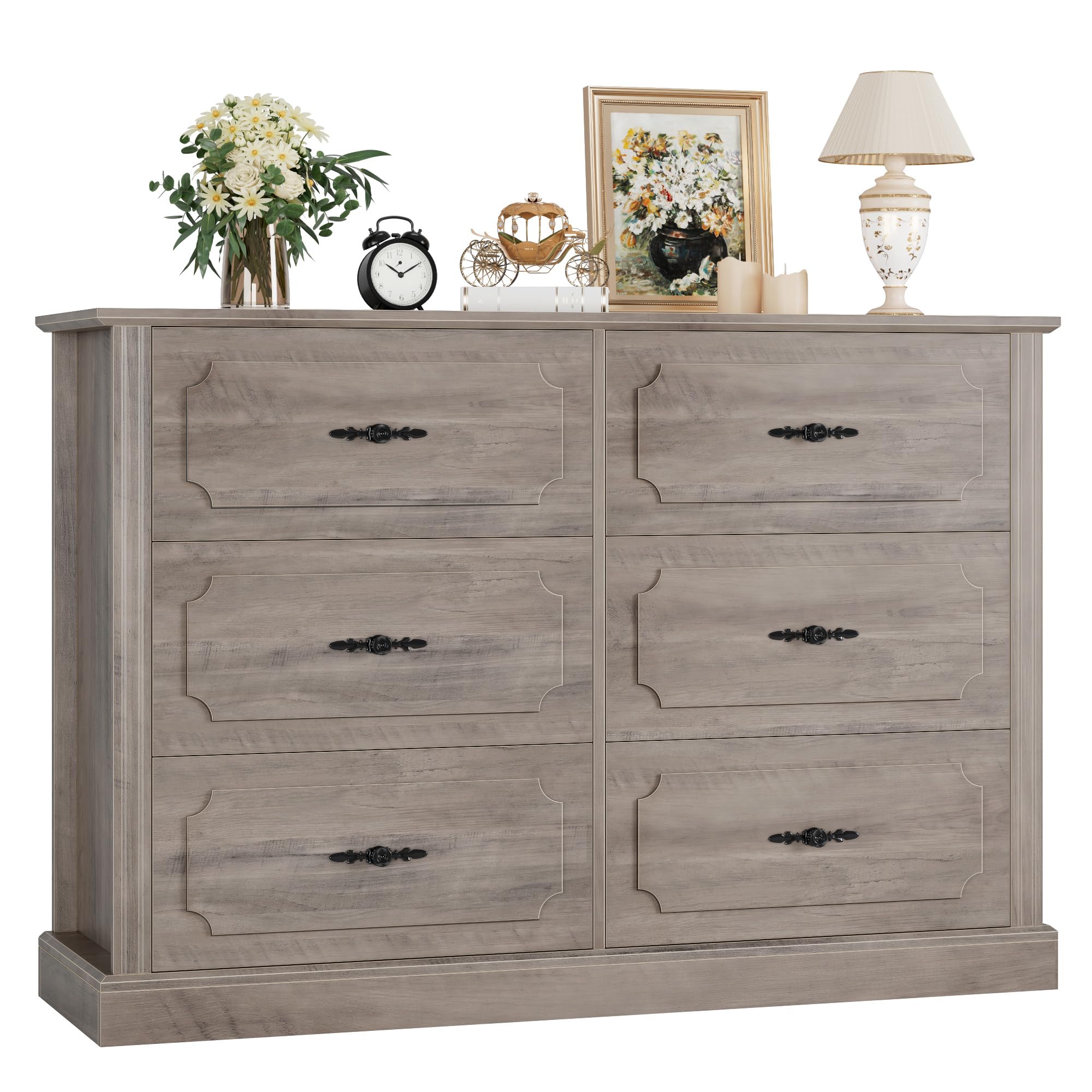 FINETONES Wood Dresser 6 Drawer, 47.2'' Grey Dresser Farmhouse Dresser Chest of Drawers with Designed Drawer Surfaces, Grey Dresser with Deeper Drawer, Ash Grey