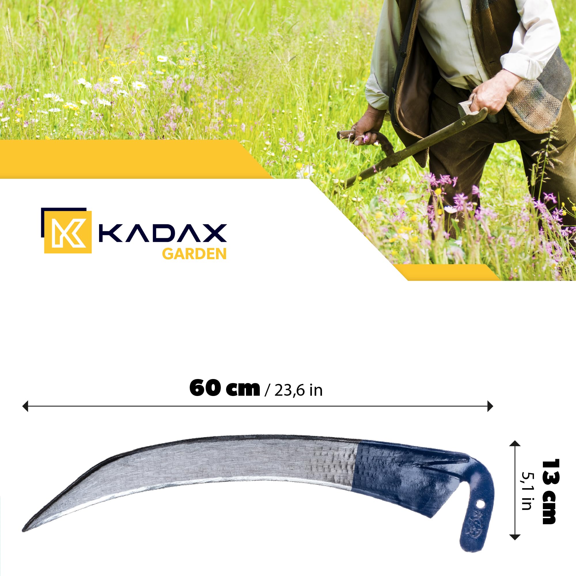 KADAX Gartensense aus Metall 60 cm, Handsense, Sichel, Klappsense, Wildwuchssense, Sense, Gartensichel, Grassichel, Blattsichel, Handsichel, Kleinsichel