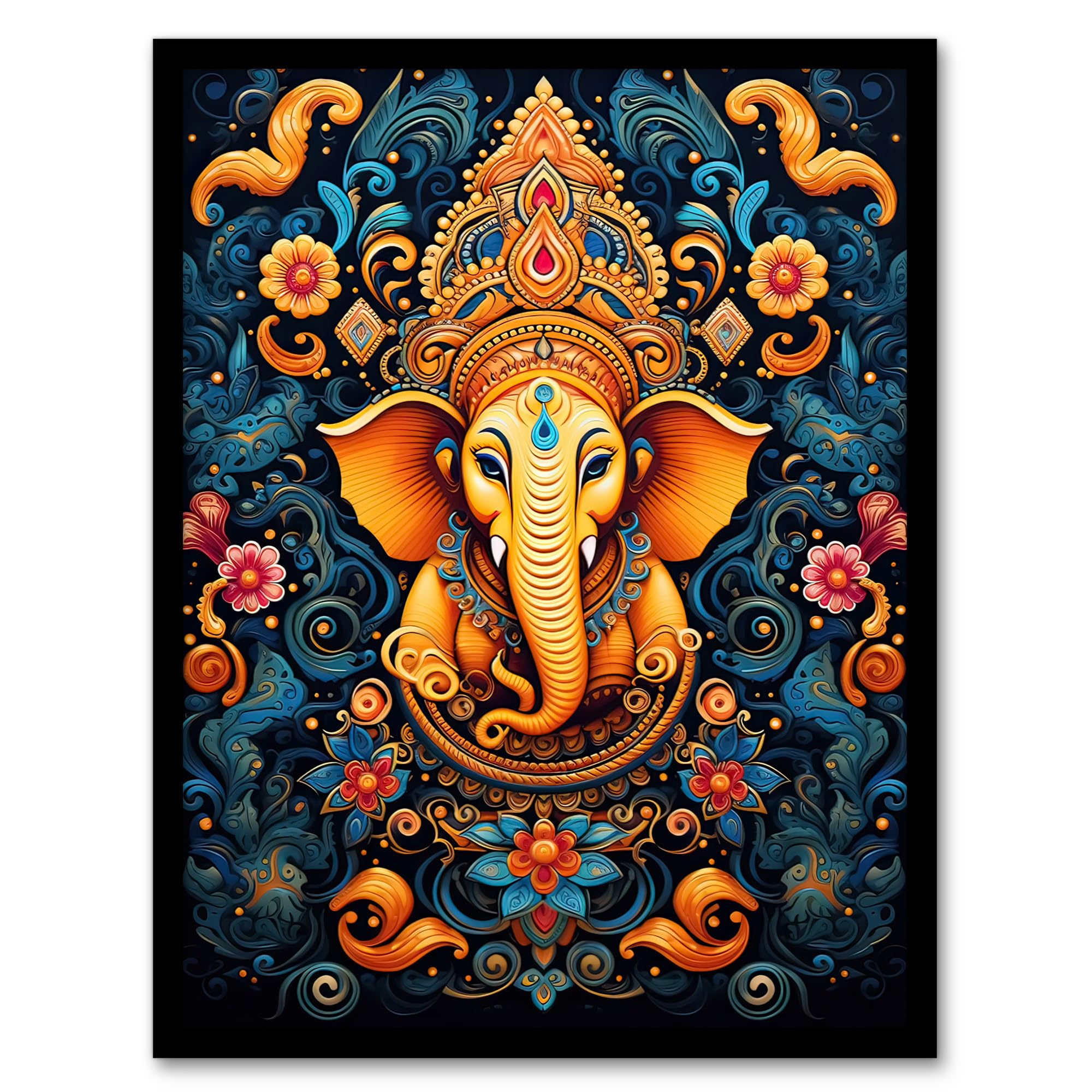 Artery8 Ganesha and Flowers Hindu Concept Art Orange Blue Vibrant Ornate Floral Pattern Design with Elephant Artwork Framed Wall Art Print A4