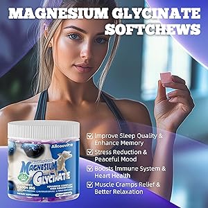 Magnesium Glycinate Soft Chews, Blueberry Flavor.Chewable Sugar Free Potassium Magnesium Chews with Magnesium Glycinate, Vitamin D, B6, and CoQ10 for Calm Support & Sleep for Adults, 60 Days Supply