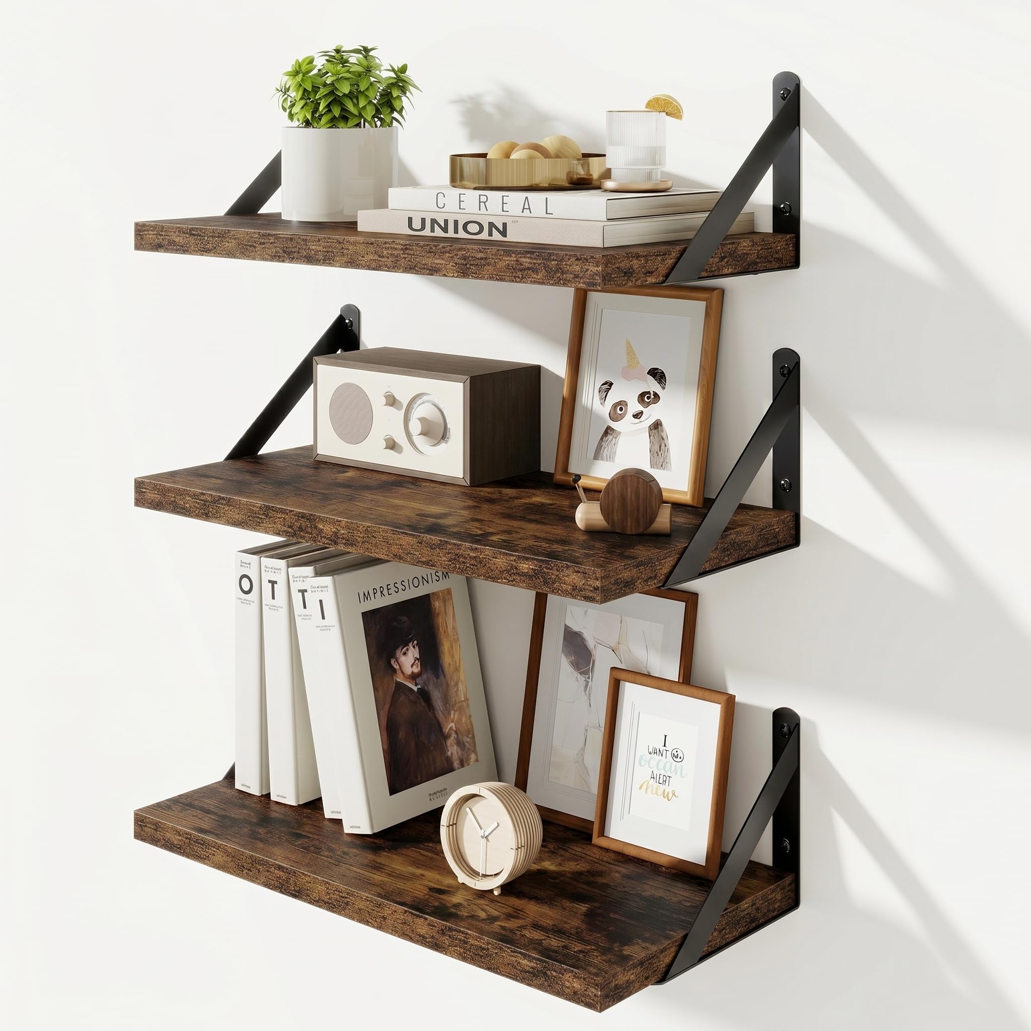 KovaScape Floating Shelves, Deep Rustic Book Shelf for Wall, 40x20 cm Wall Shelves Set of 3, Heavy Duty Metal Brackets, Wood Display Shelf for Living Room, Kitchen, Bathroom, Study, Brown