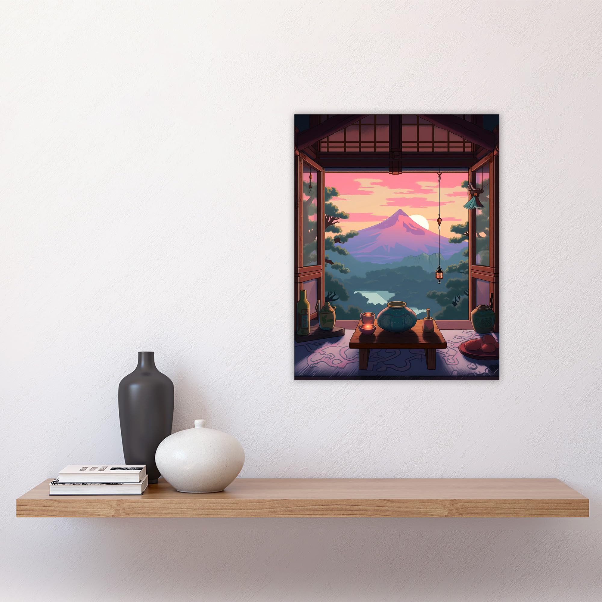 Artery8 Mount Fuji View from House Patio Colourful Painting Traditional Tea Ceremony Japanese Hospitality Sunset Mountain Landscape Unframed Wall Art Print Poster Home Decor Premium - Image 4