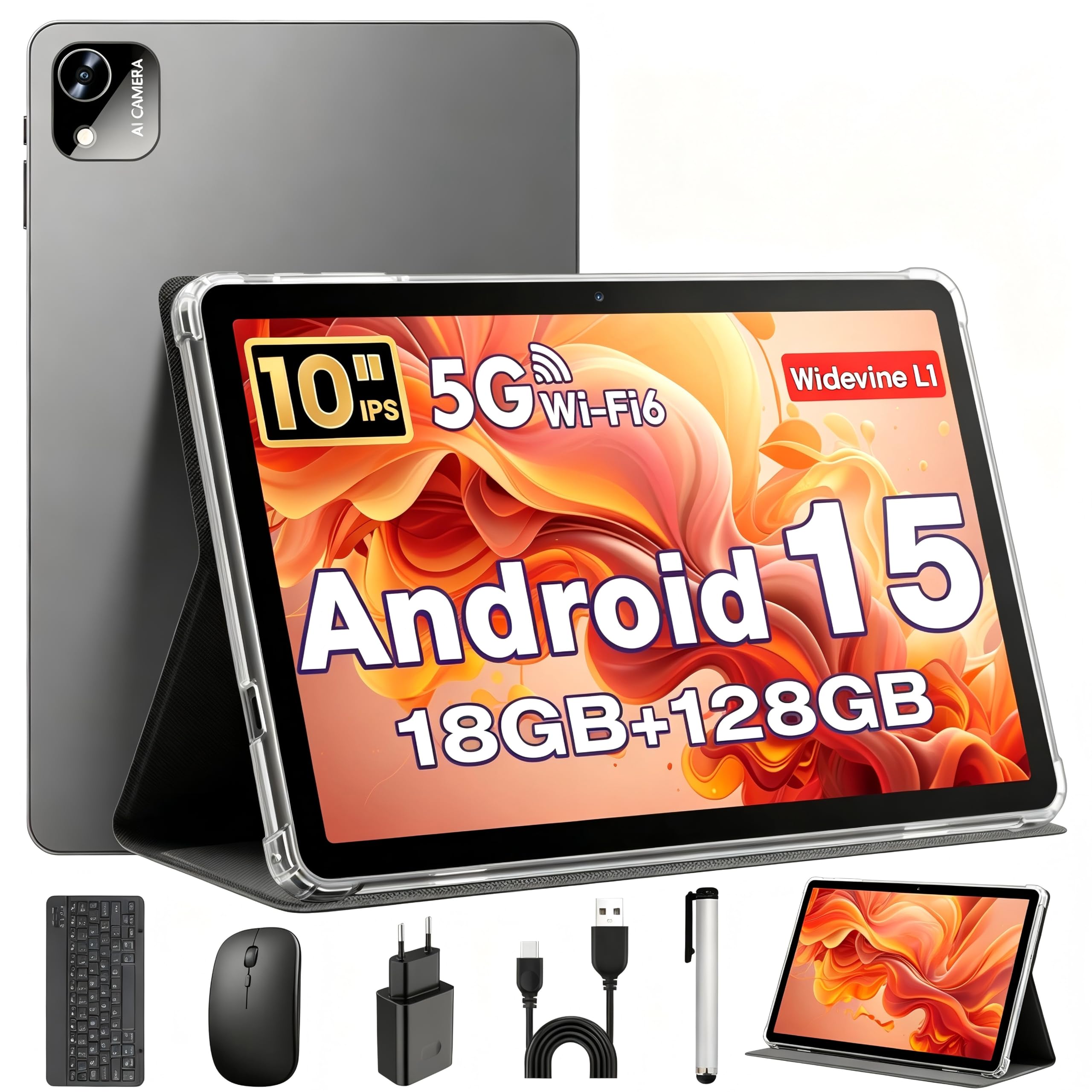 Tablet 10 Pulgadas, Tableta Android 15 con Funda, Ratón & Teclado, Octa-Core, 18 GB RAM + 128 GB ROM + 1 TB TF, Pantalla IPS HD 1280x800, Cámara Dual, 6000 mAh, WiFi 6, BT 5.0, Widevine L1, GPS