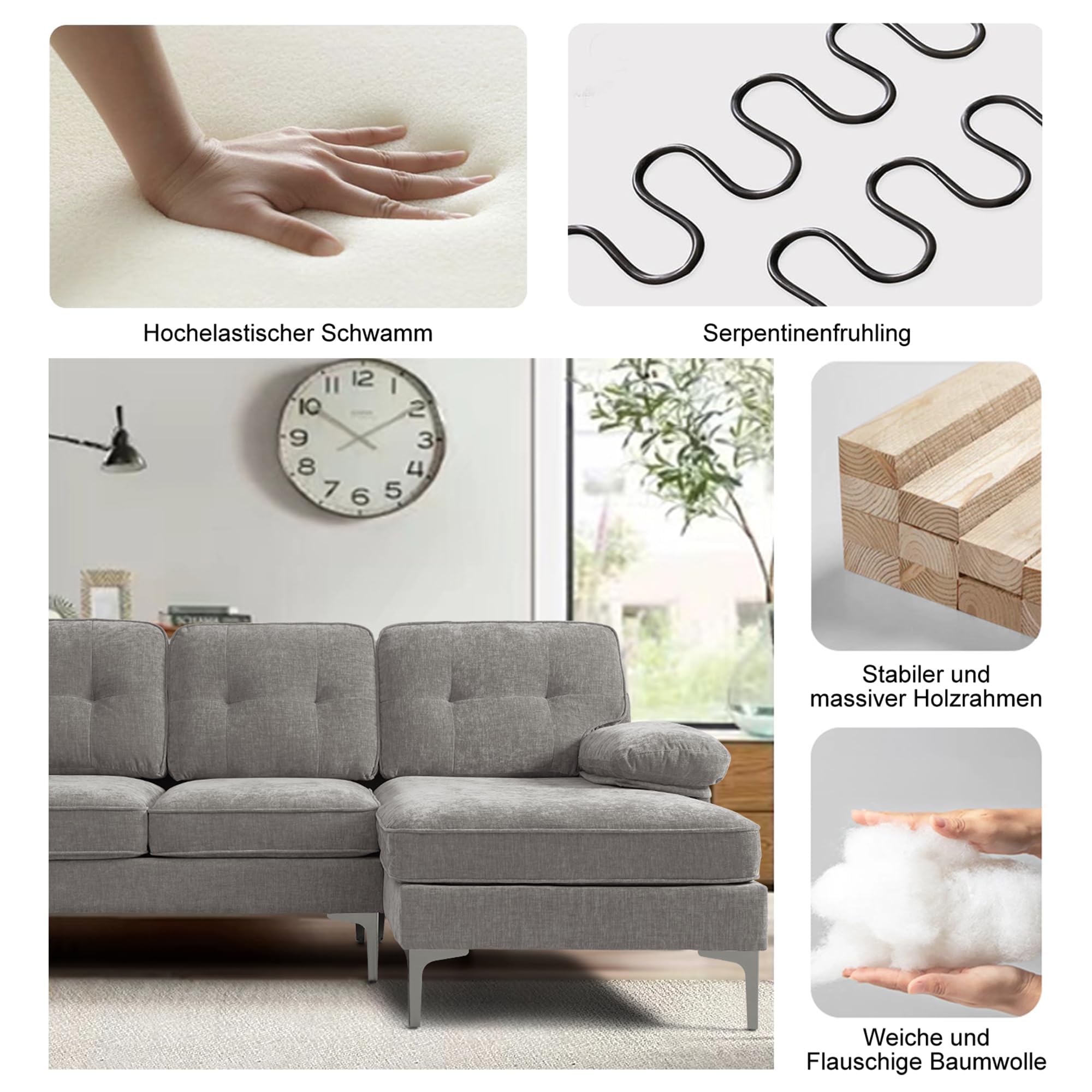 DUANDUAN Ecksofa 3-Sitzer Sofas 210cm breit Polsterecke mit Federkern Kissen und Rückenlehnen abnehmbar und waschbar - Chaiselongue beidseitig montierbar Couch L-Form fürs Wohnzimmer (Grau)
