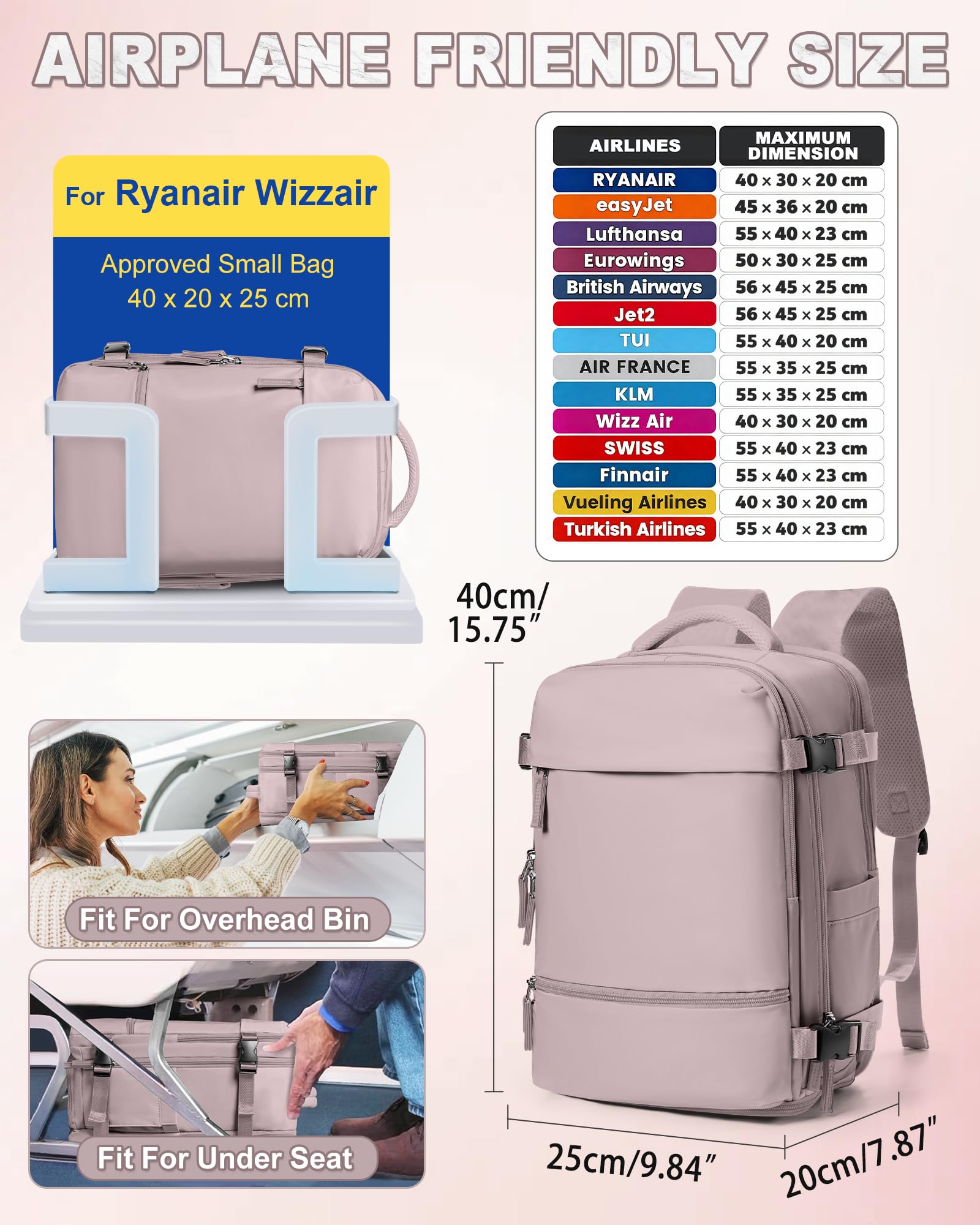 SZLX Zaino Ryanair 40x30x20 Sottovuoto con Pompa Zaino Ryanair 40x20x25 Donna Zaino da Viaggio Wizzair Bagaglio a Mano Uomo per Laptop da 14 Pollici Borse da Cabina 45x36x20 Easyjet con Porta Scarpe