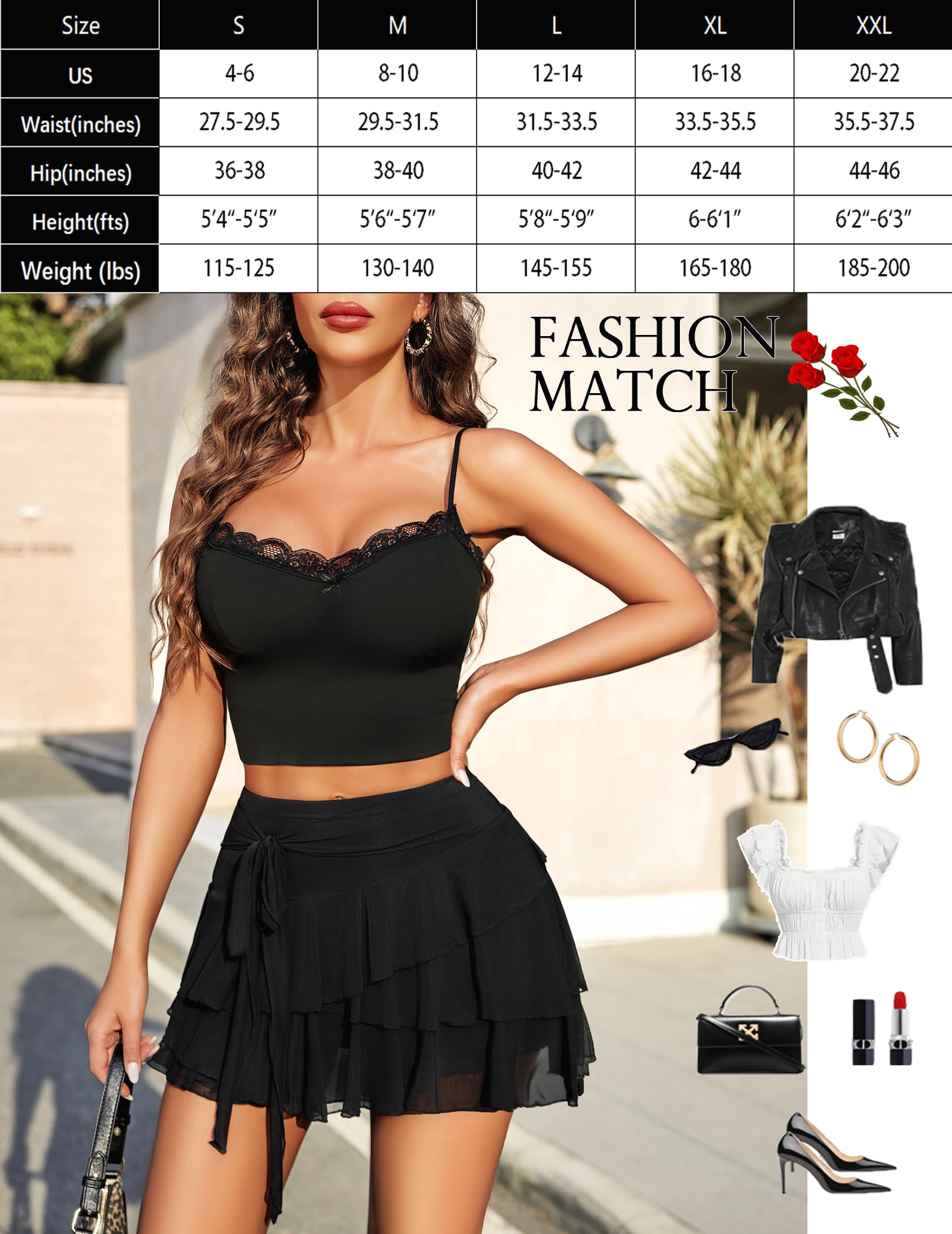 Avidlove Minigonna da donna in rete con orlo fluido, Y2K, gonna multistrato con volant, nero, XX-Large