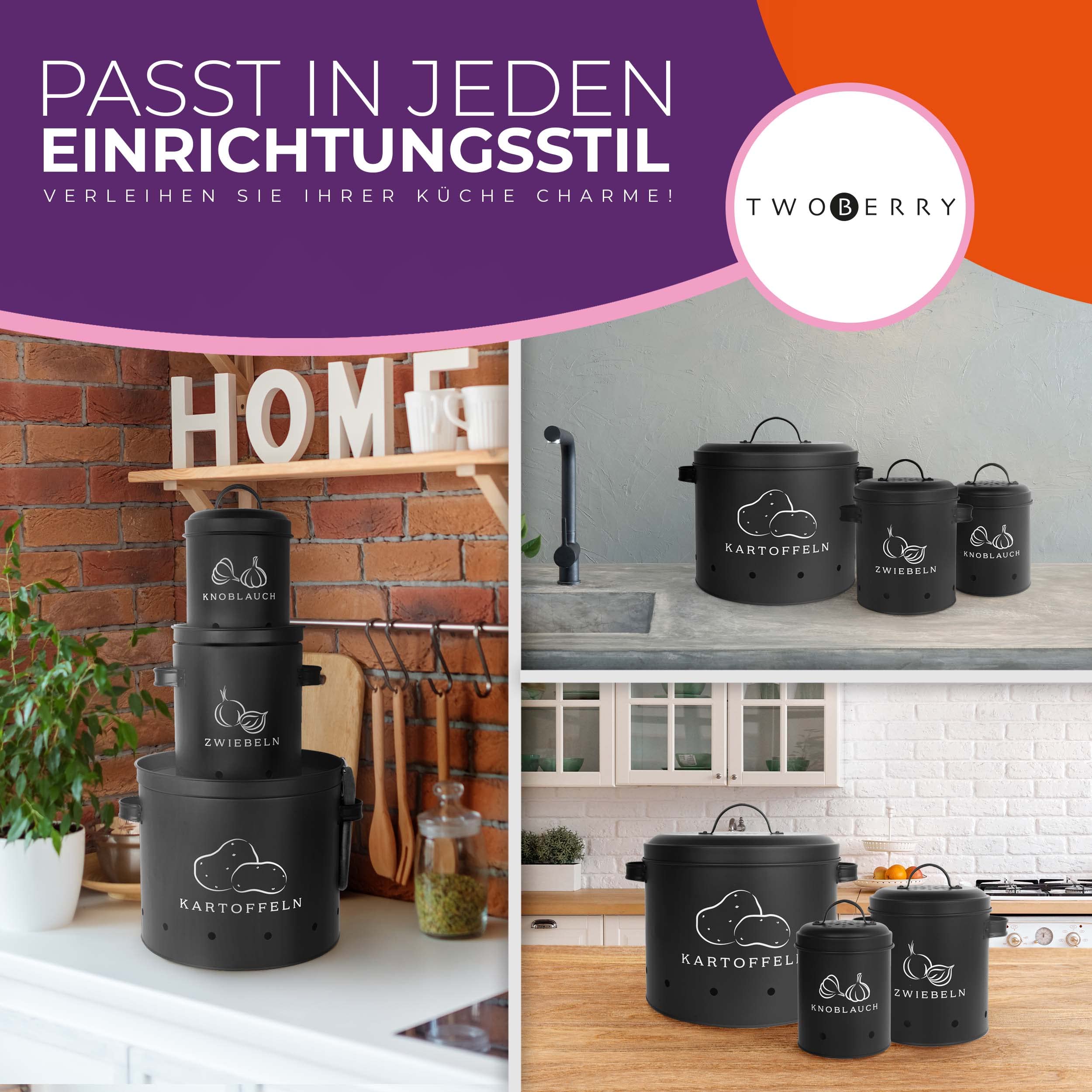 TWOBERRY Kartoffel Aufbewahrungsbox [3er Set] inkl. Sparschäler- längere Haltbarkeit durch 360° Luftzirkulation - Zwiebel Aufbewahrung, Kartoffel Aufbewahrung & Knoblauch Aufbewahrun Küche