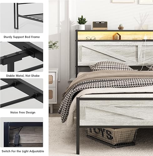 Miniatura 5 de Base de cama de tamaño matrimonial con estación de carga, plataforma de metal con cabecero y luz LED, cama de almacenamiento de granja para