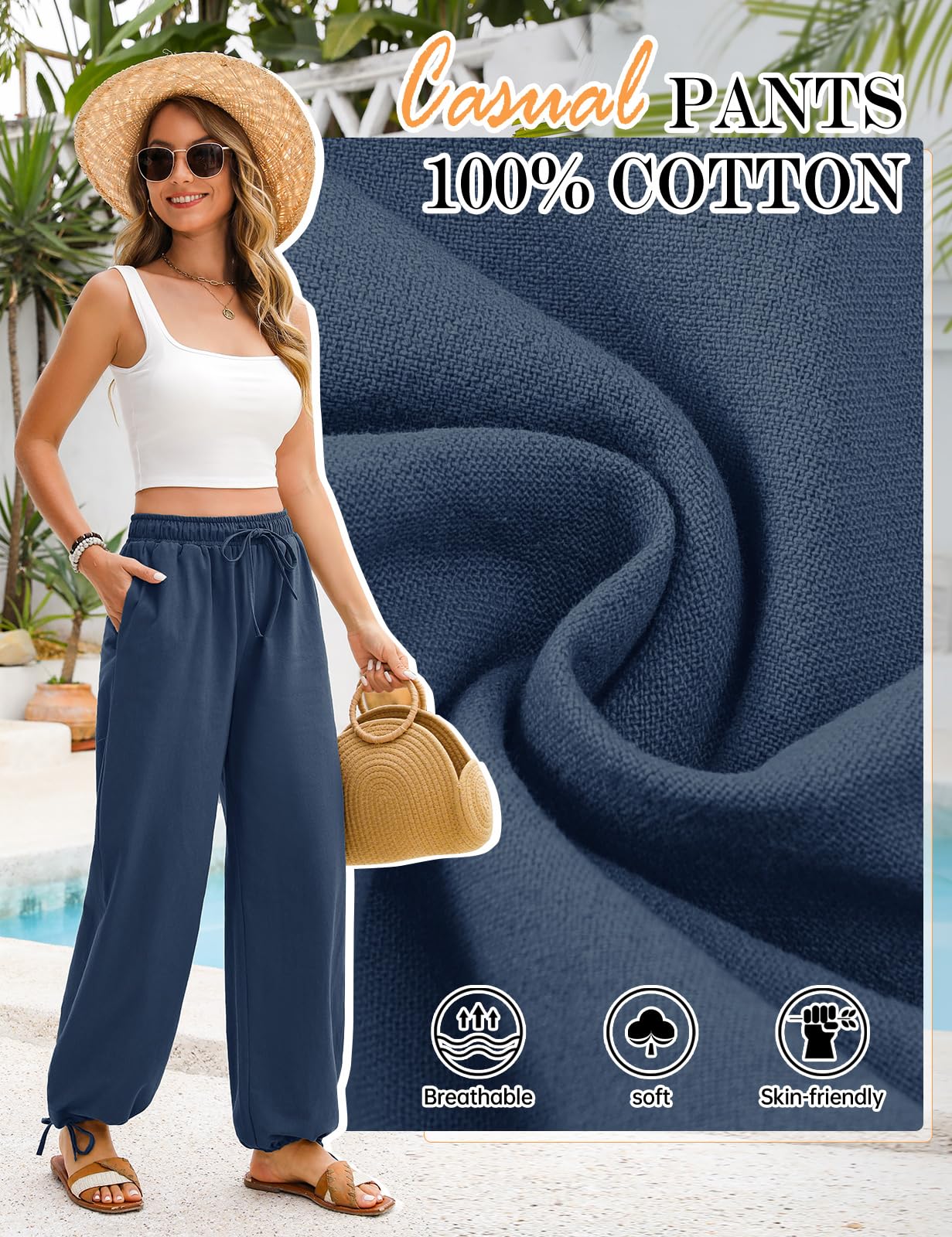 Niwicee Pantalon Fluide Femme Été Pantalon Femme Coton Décontracté avec Cordon Elegant avec Poches Pantalon Droit à Jambes Larges Printemps Pants