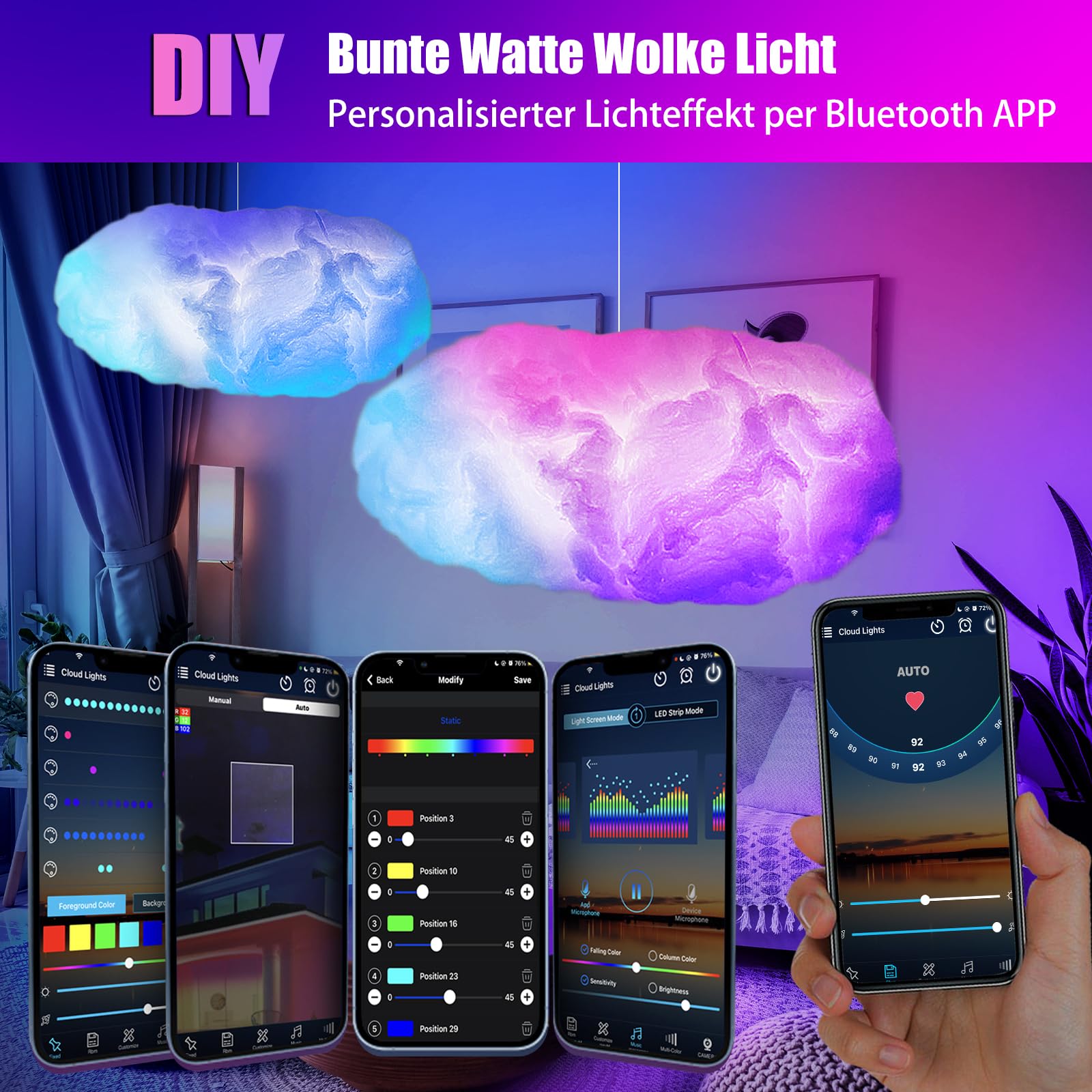 Lichaser 2 Pack RGB Regenbogen Watte LED Wolken Licht, Coole Dimmbar Dekoleuchten LED Cloud Lights mit Bluetooth-APP und 2.4G Fernbedienung für Die Zimmer, Schlafzimmer Dekoration (2 Pack, RGB+IC)