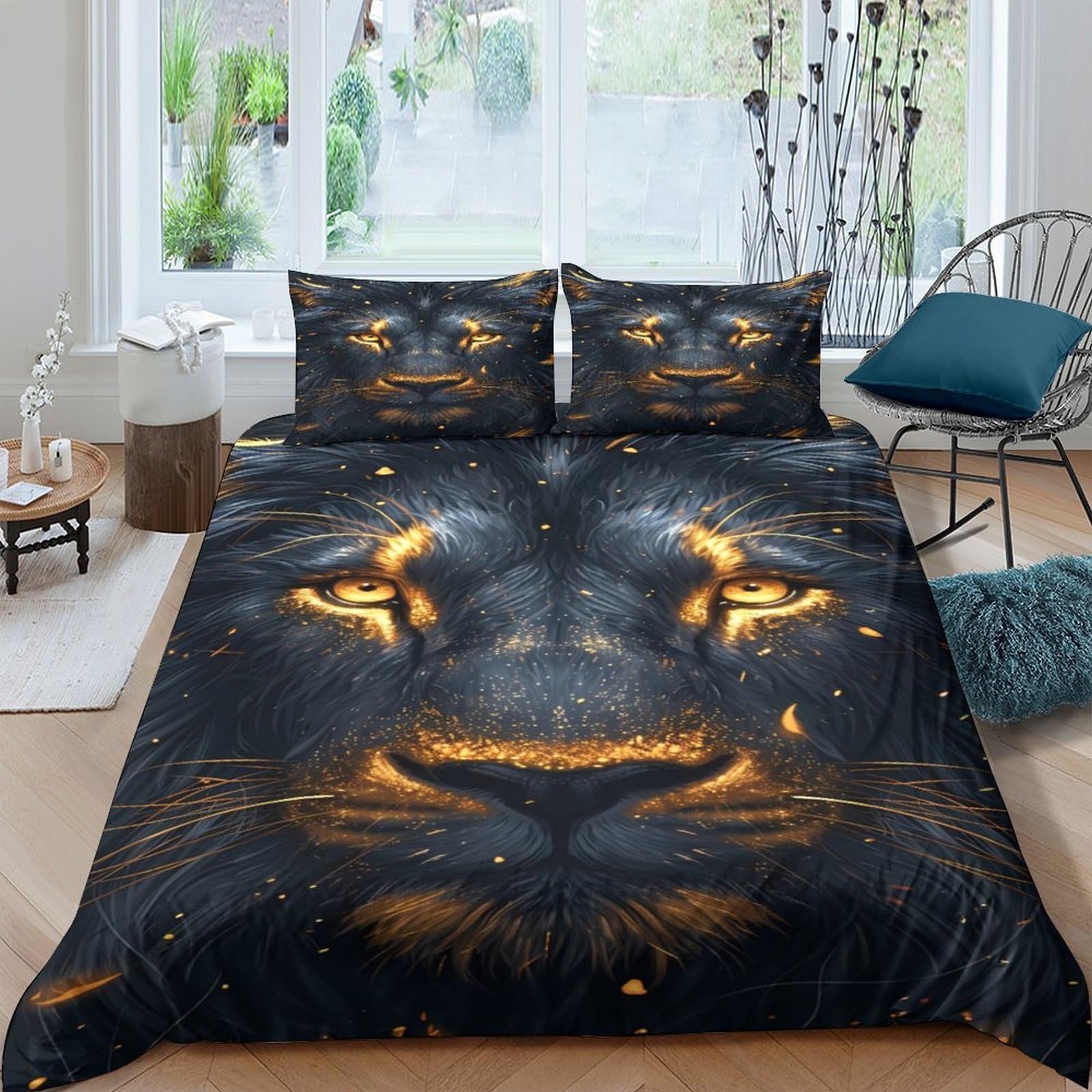 Ctjqhvkz Style-7 3D Printed Golden Lion Fitted Sheet Microfiber Soft Black Animal Art Bed Cover For Bedroom Guest Room Mattress Protection Single（135X200cm）