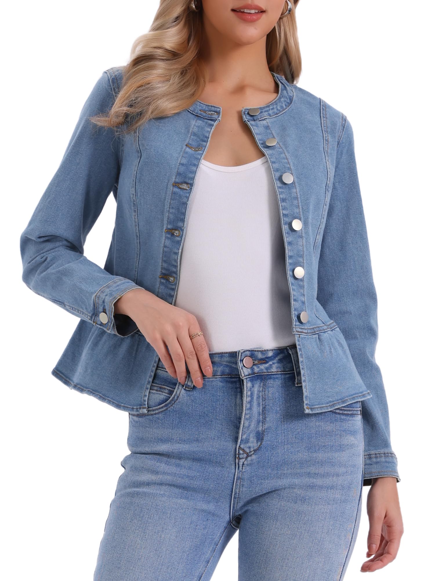 Allegra K Veste en Jean Femme Col Rond Ourlet Péplum Blouson Boutonnée Décontracté