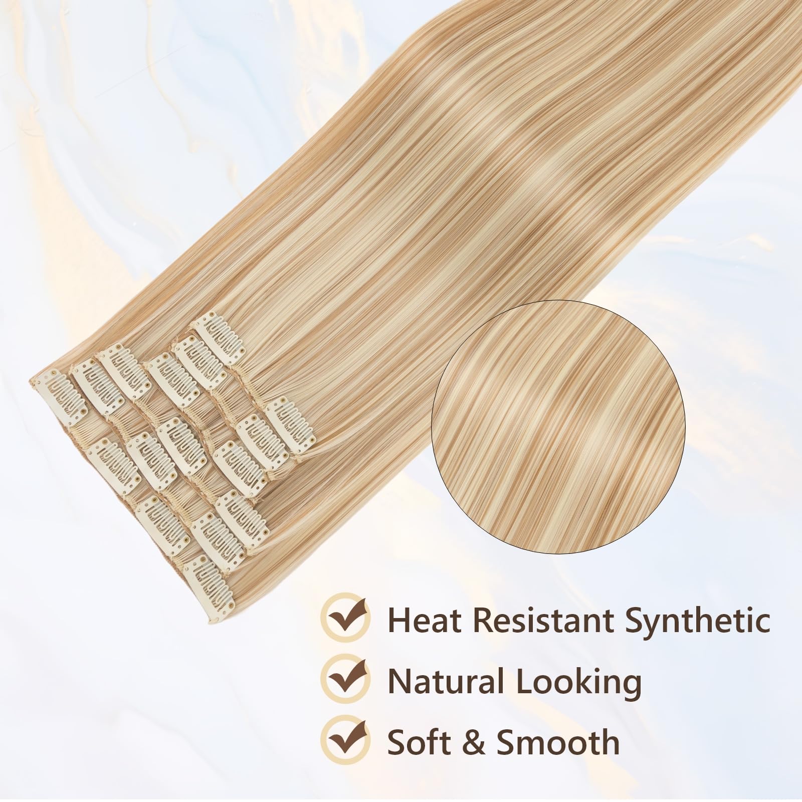 Benehair 24" Clip in Hair Extensions Full Head 6 Pcs 16 Clips Long Straight Hair Extensions Clip in Synthetic Fiber Natural Extension Hairpiece for Women(Ash Brown with Blonde - Image 3