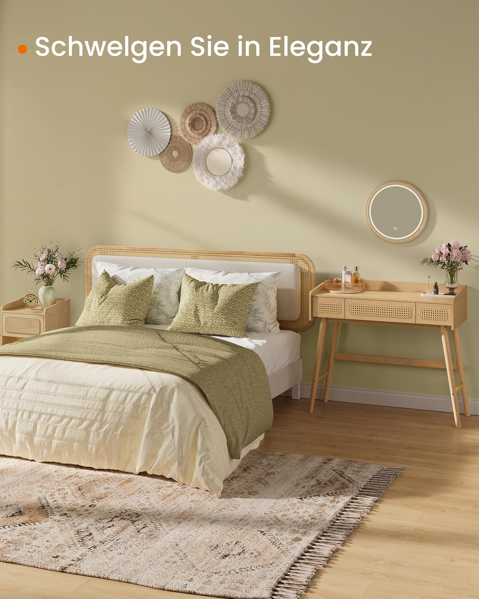 SONGMICS HOME BOHOVEN Kollektion – Schminktisch mit Spiegel, Beleuchtung, Kosmetiktisch 3 Schubladen in Rattan-Optik, Touch-Steuerung, 3 Lichtfarben, dimmbar, Boho-Stil, Schlafzimmer, eichenbeige