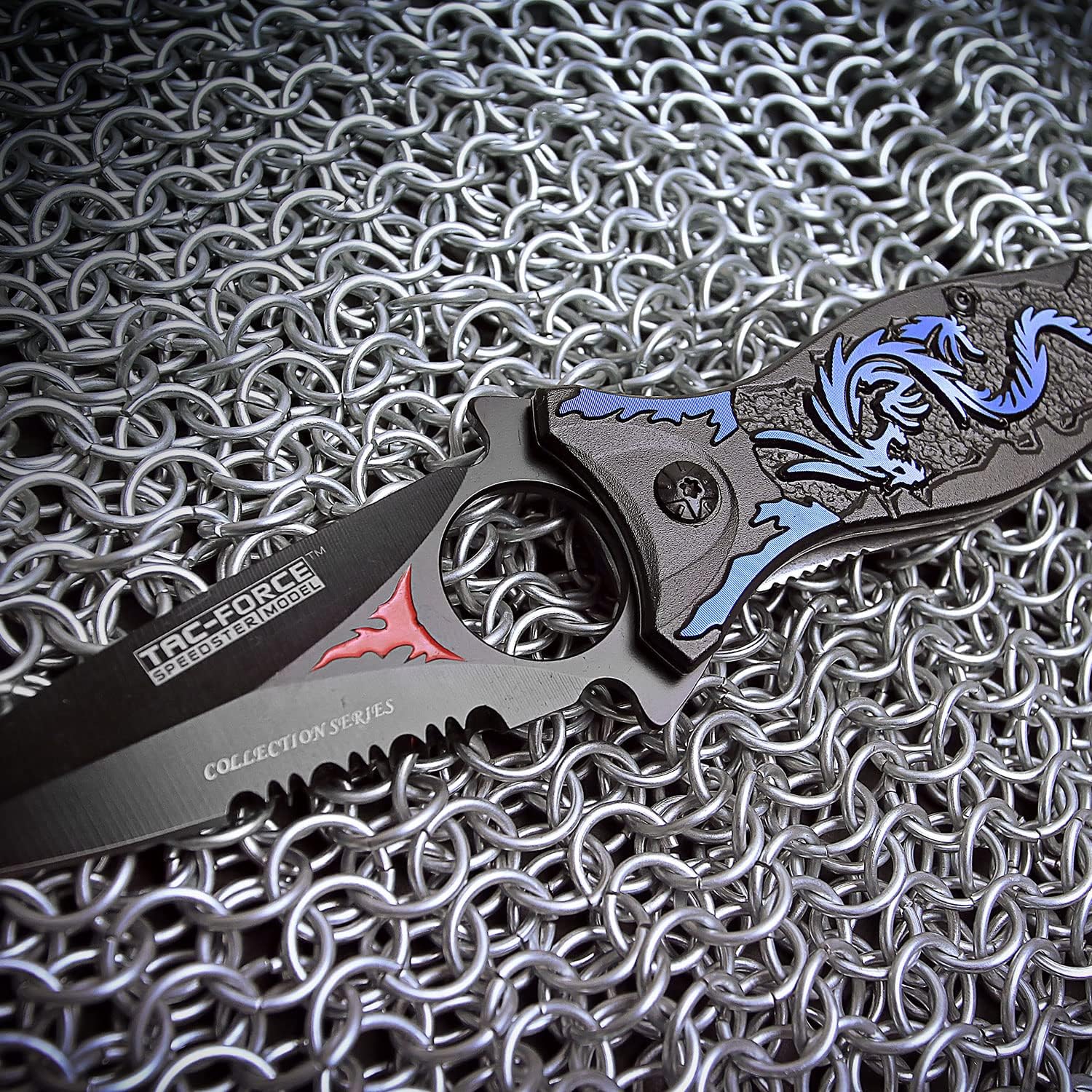 TAC Force TF-707 Series Assisted Opening Folding Knife, Black Half-Serrated Blade, Dragon Handle, 4-1/2-Inch Closed