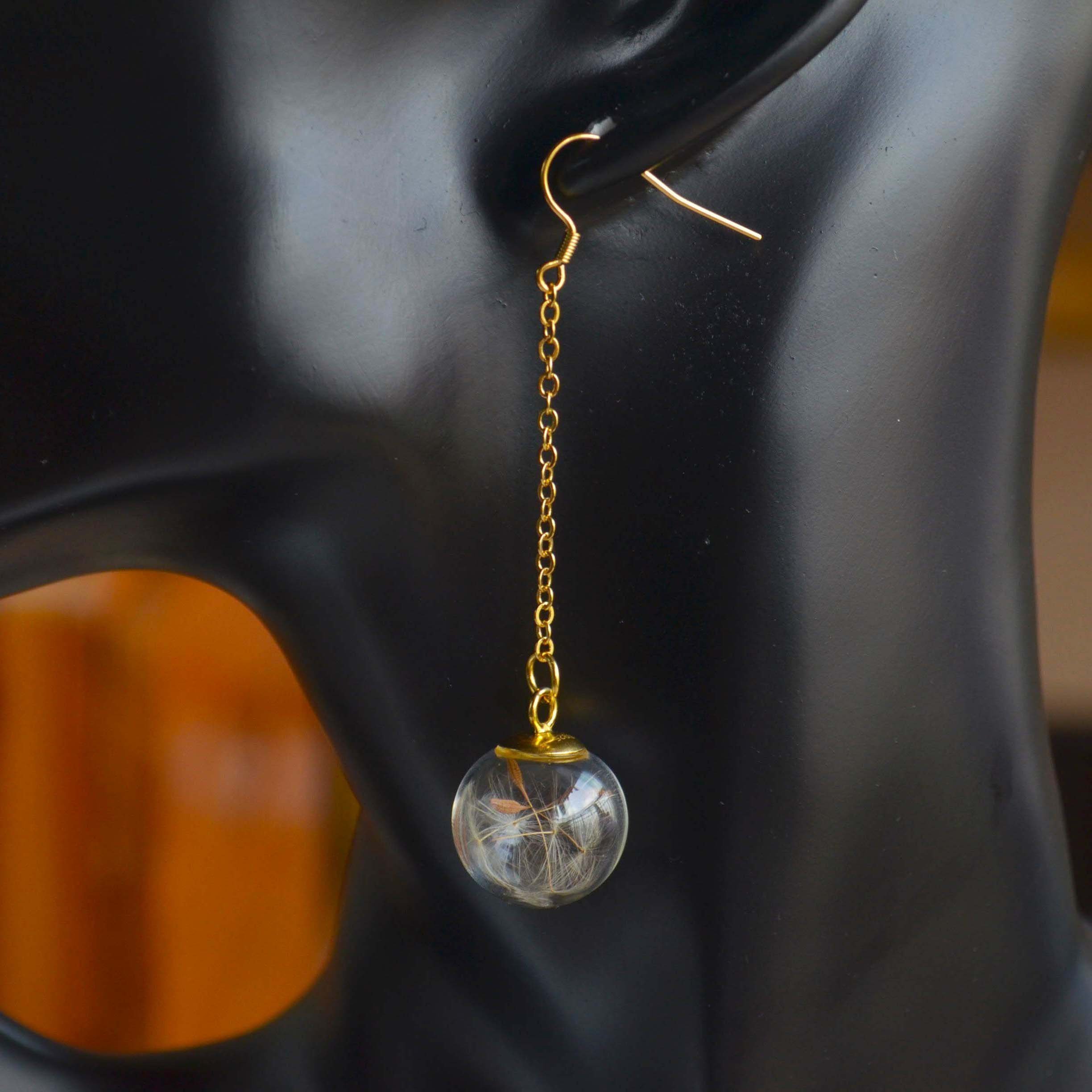 Dandelion Make a Wish Real Flower Glass Ball Gold Pated Long Chain Drop Earrings