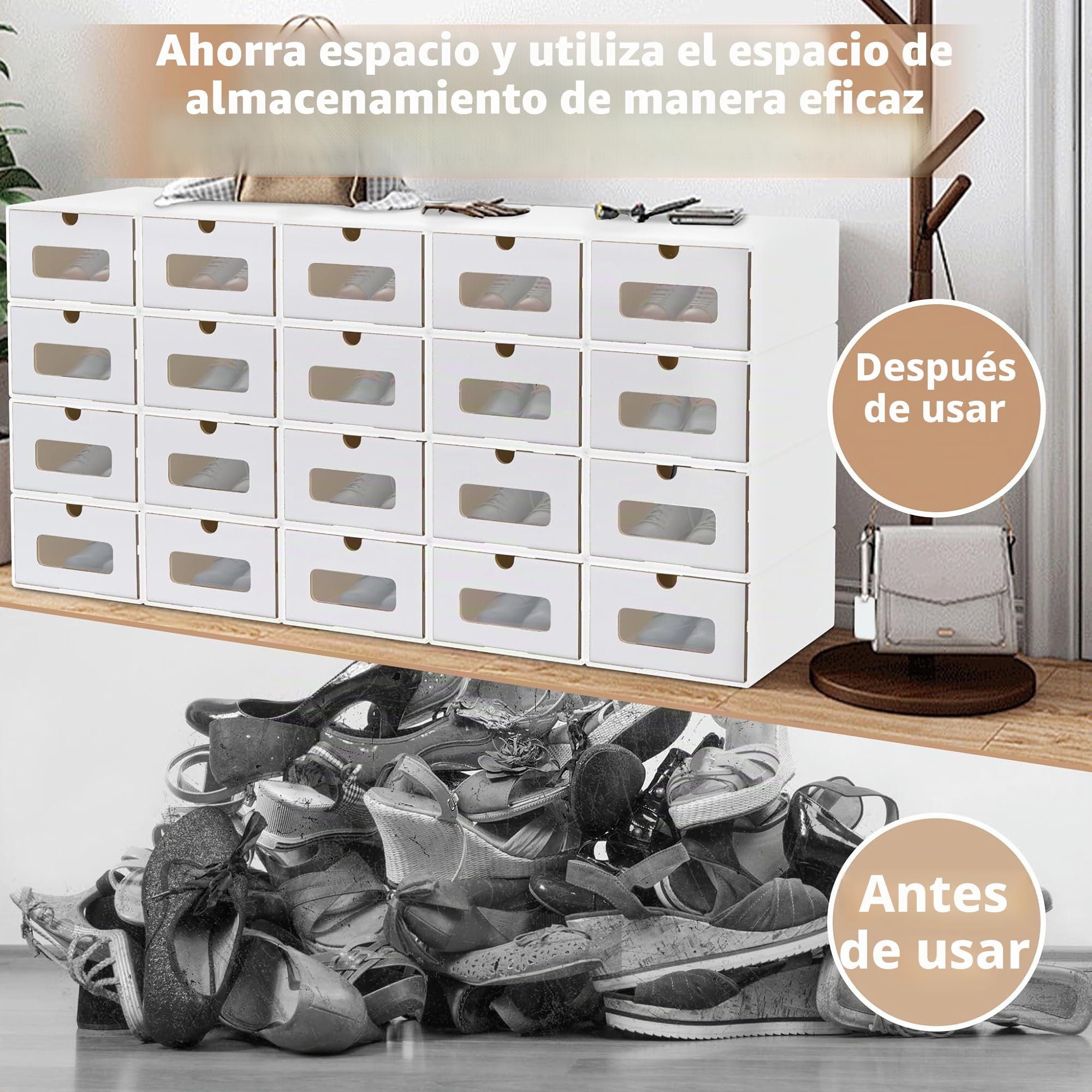 XMTECH 20 unidades de almacenamiento para zapatos con ventana, caja de almacenamiento para zapatos, caja de zapatos, caja de cartón de papel kraft, color blanco