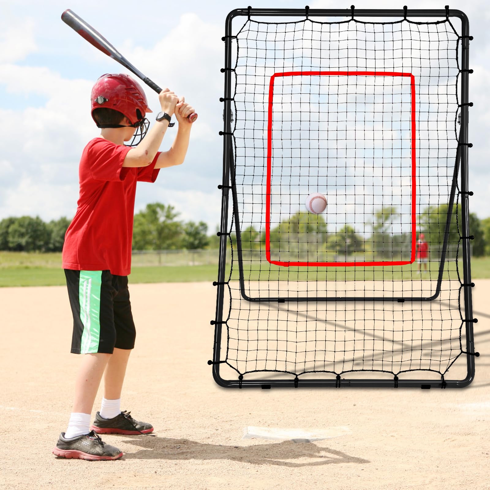 AKOZLIN Rete da rimbalzo per baseball, softball, pallavolo, lacrosse, 5 angoli regolabili, 1,8 x 1,2 m, con Strike Zone, rete da rimbalzo da baseball, con borsa per il trasporto