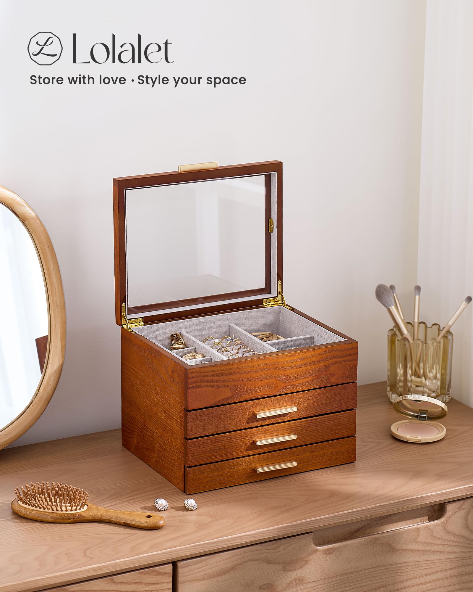 Lolalet Joyero de Madera, Cofre Organizador con Ventana Transparente, Caja para Collares, Pulseras, Pendientes y Anillos -Caja Elegante para Regalo y Almacenamiento– Cereza, 4 Capas