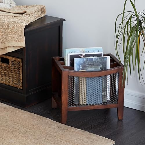 Miniatura 3 de Deco 79 Revistero de madera con 3 ranuras y paneles laterales de red, 15 x 11 x 13 pulgadas, color marrón