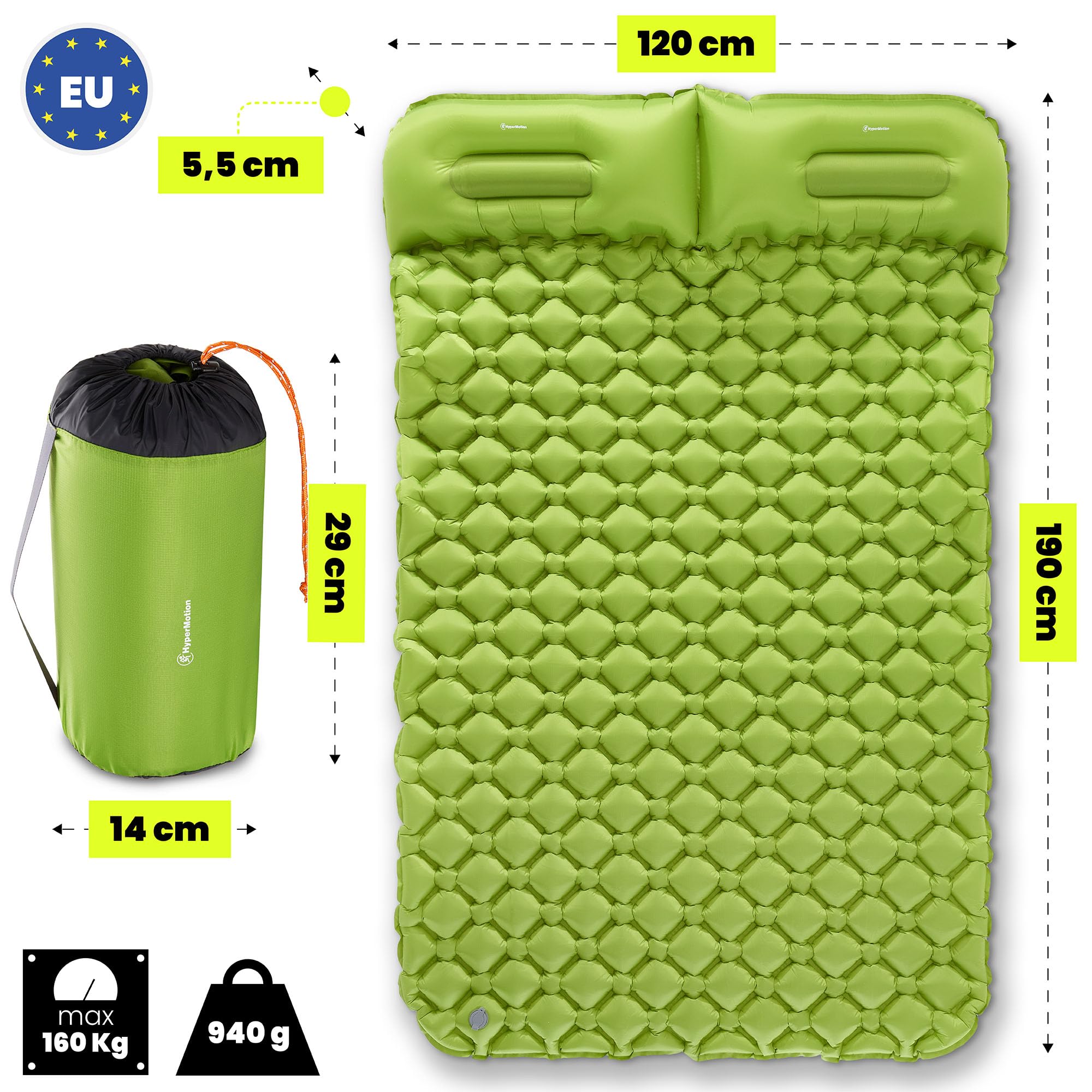 HyperMotion Materac Trekkingowy Campmat 2, Ultralekki, 190x120 cm | 940 g, Miejsce dla 2 Osób, 2 Poduszki, Kompaktowe Składanie, Wygodny Wypoczynek Podczas Biwaków