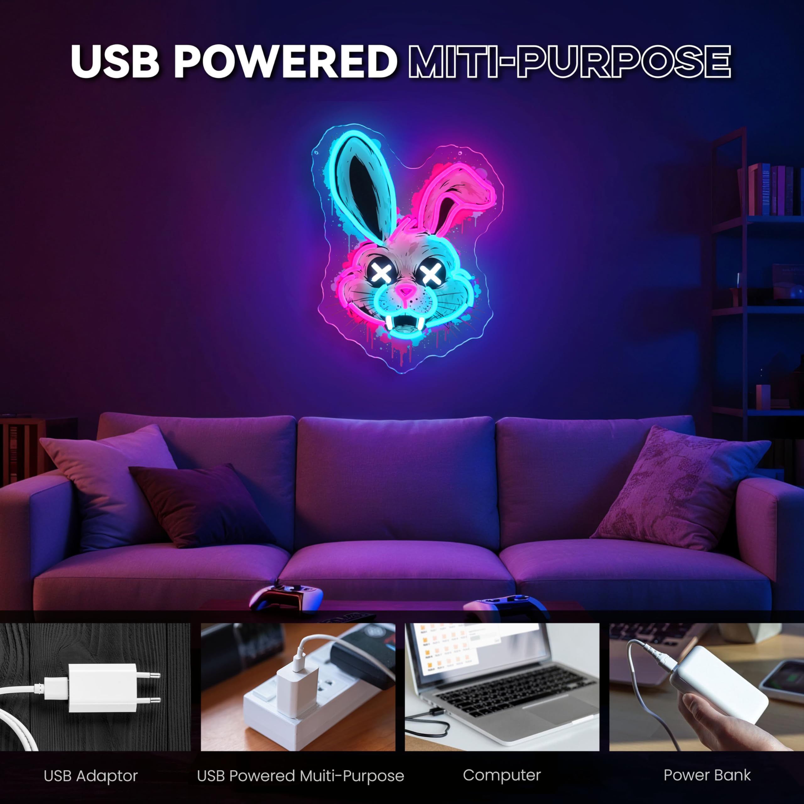 Cyberpunk - Panneau néon pour décoration - Cyberpunk - Lumière néon UV LED - Fonctionnement USB - Avec interrupteur à intensité variable - Pour salle de jeu, chambre à coucher, salon
