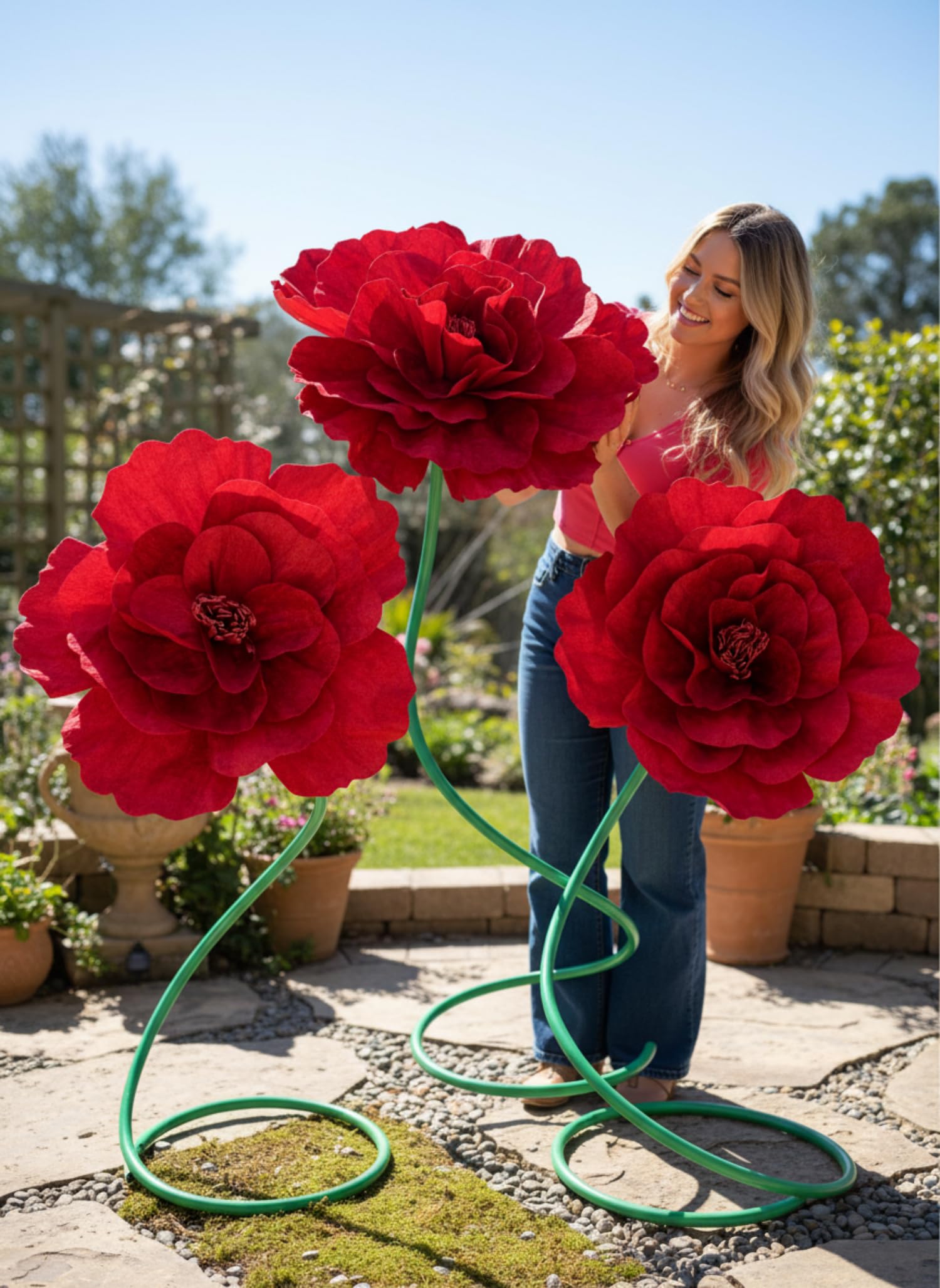 3 Piezas Flores Rosas Grandes de 1.5 metros, Rosas Artificiales Gigantes de San Valentín de Pie, Enormes Flores Artesanales para Ventana, Recepción, Banquete, Ceremonia, Decoración Floral