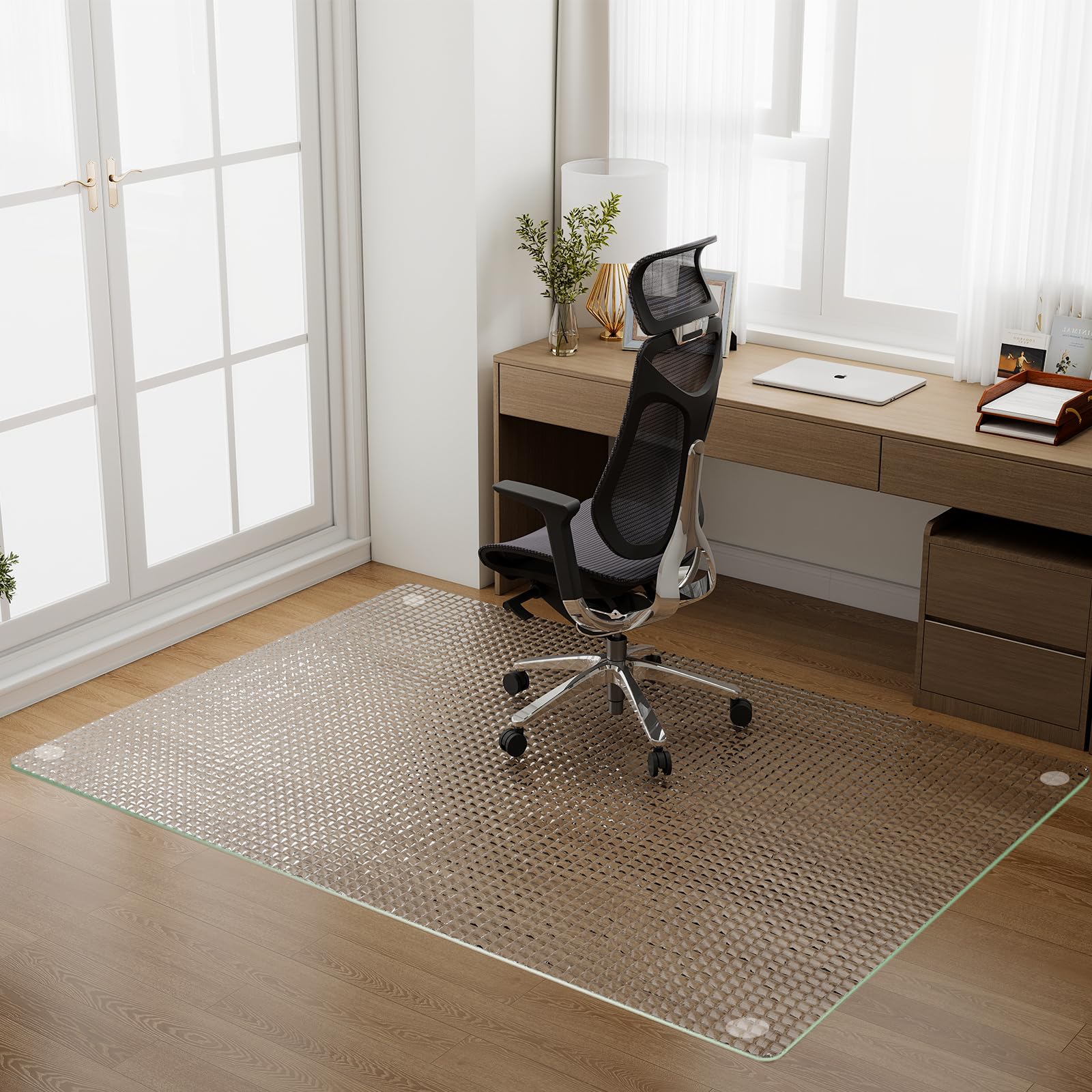 GLSLAND 46x55 Tempered Glass Chair Mat Checkered Patterned Heavy Duty Floor Mats Protector for Hardwood Floors Carpet Decorative