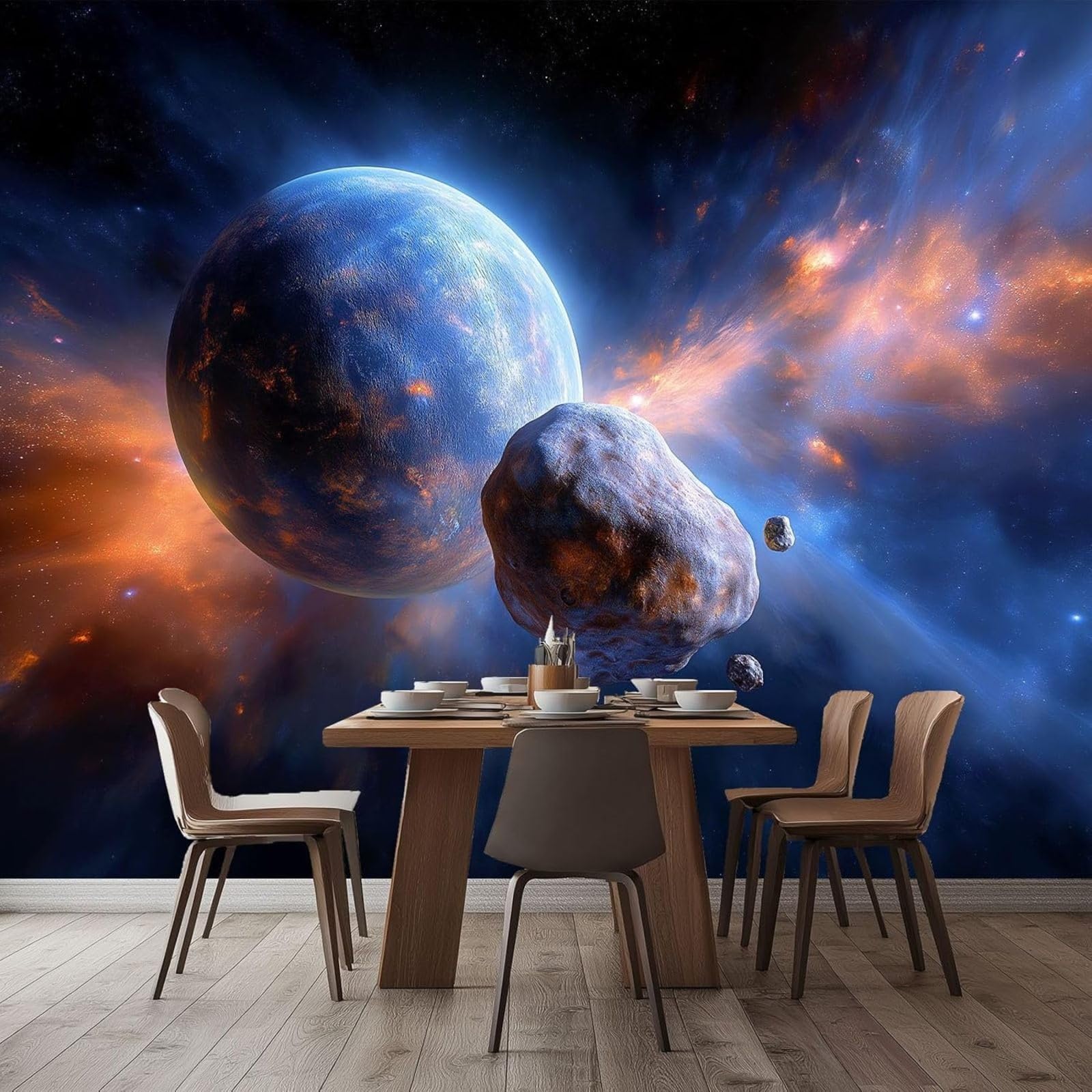 pdghsdkgjh Photo Wallpaper Science Fiction Universe 3D Look, Space Planets Blue Non-Woven Wallpaper for Living Room Bedroom TV Background, 400cm x 280cm Stickers - Frameless Painting - Poster