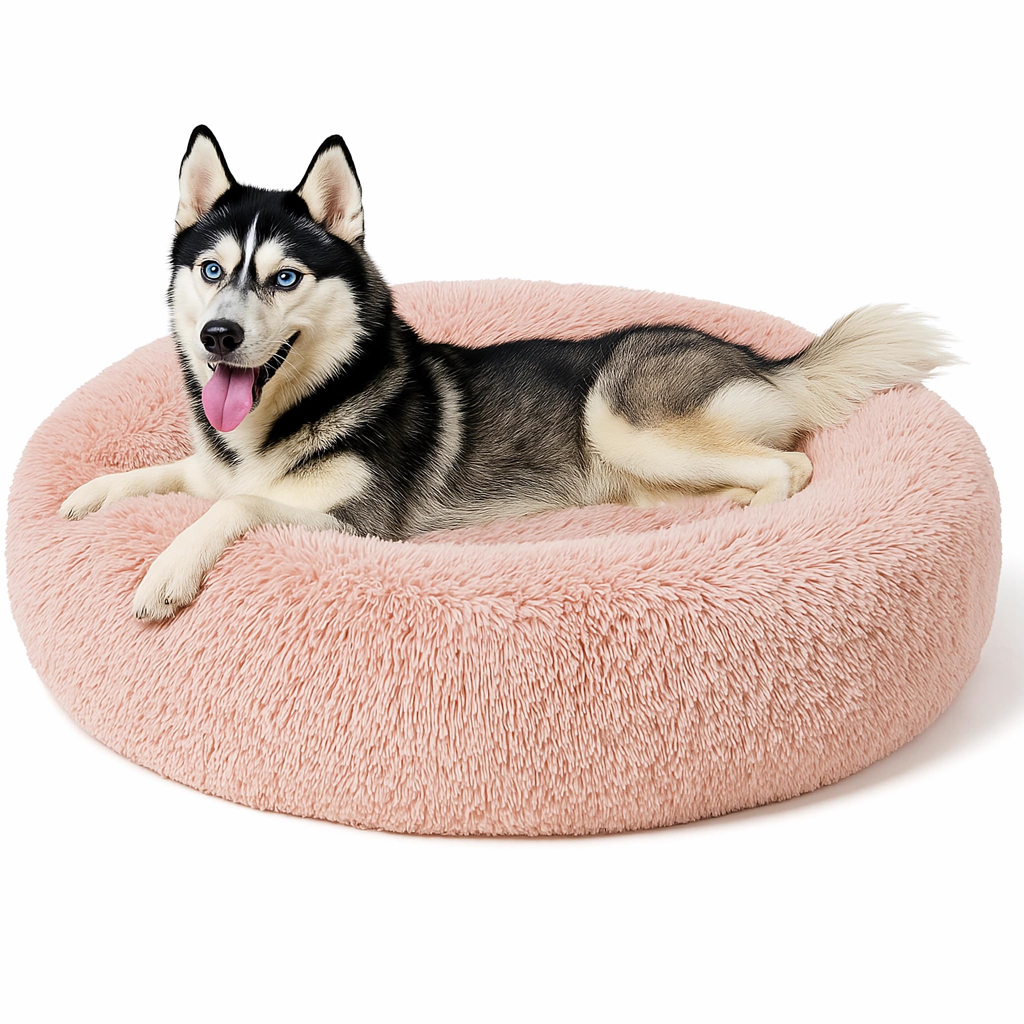SEOUGEE Calming Donut Dog Bed, Fluffy Plush Round Cat Bed, Cosy Soft Washable Cushion Self-Warming Pet Beds Non-Slip Bottom, Indoor Sleeping Cuddler Nest for Medium Large Dogs (Dusty Pink 90cm)