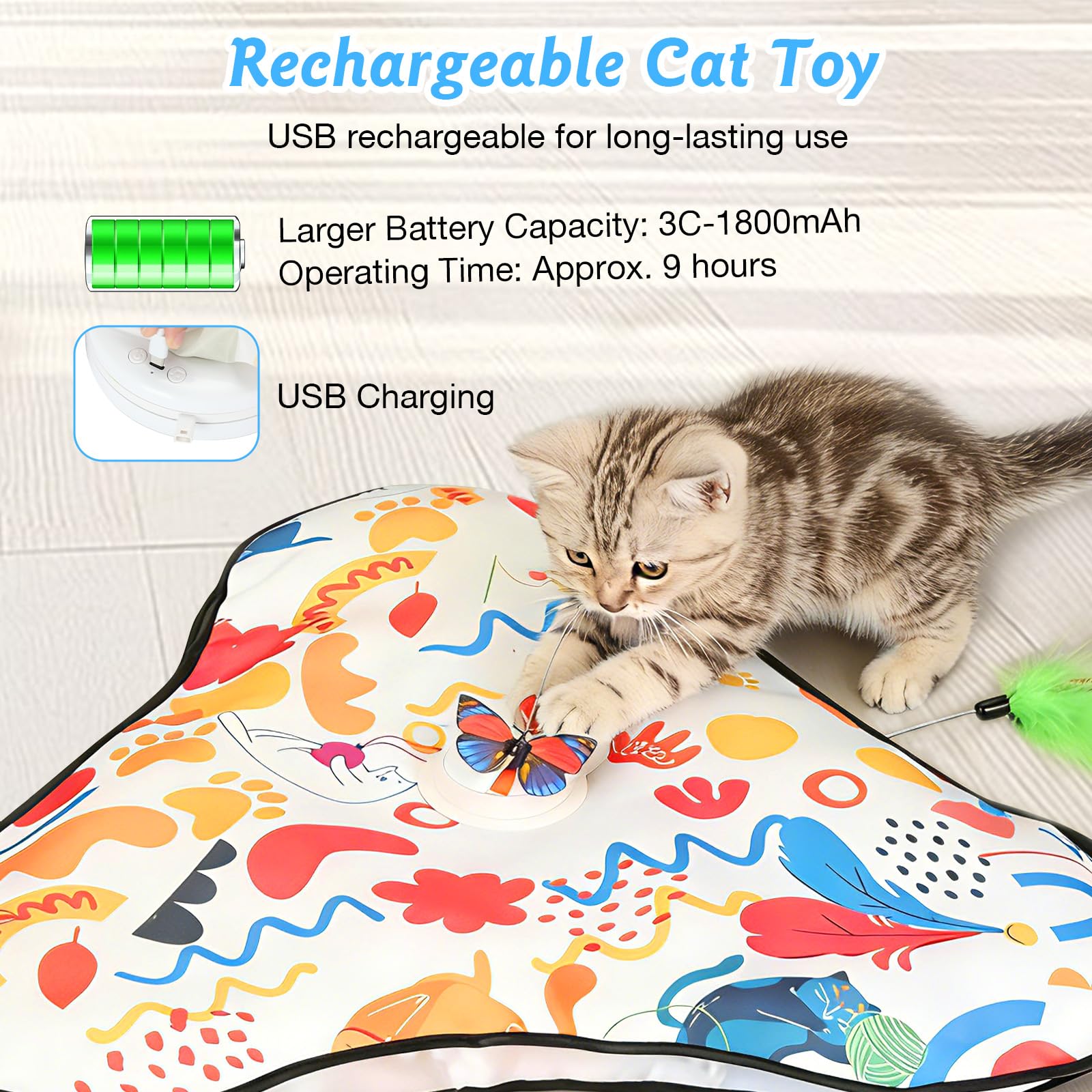 Cozary Giochi Interattivi per Gatti, Gioco Interattivo Gatto Elettrico con Piume Rimovibili, Gatto Giocattolo Automatico per Catturare Topi, Ricarica USB Cat Toys