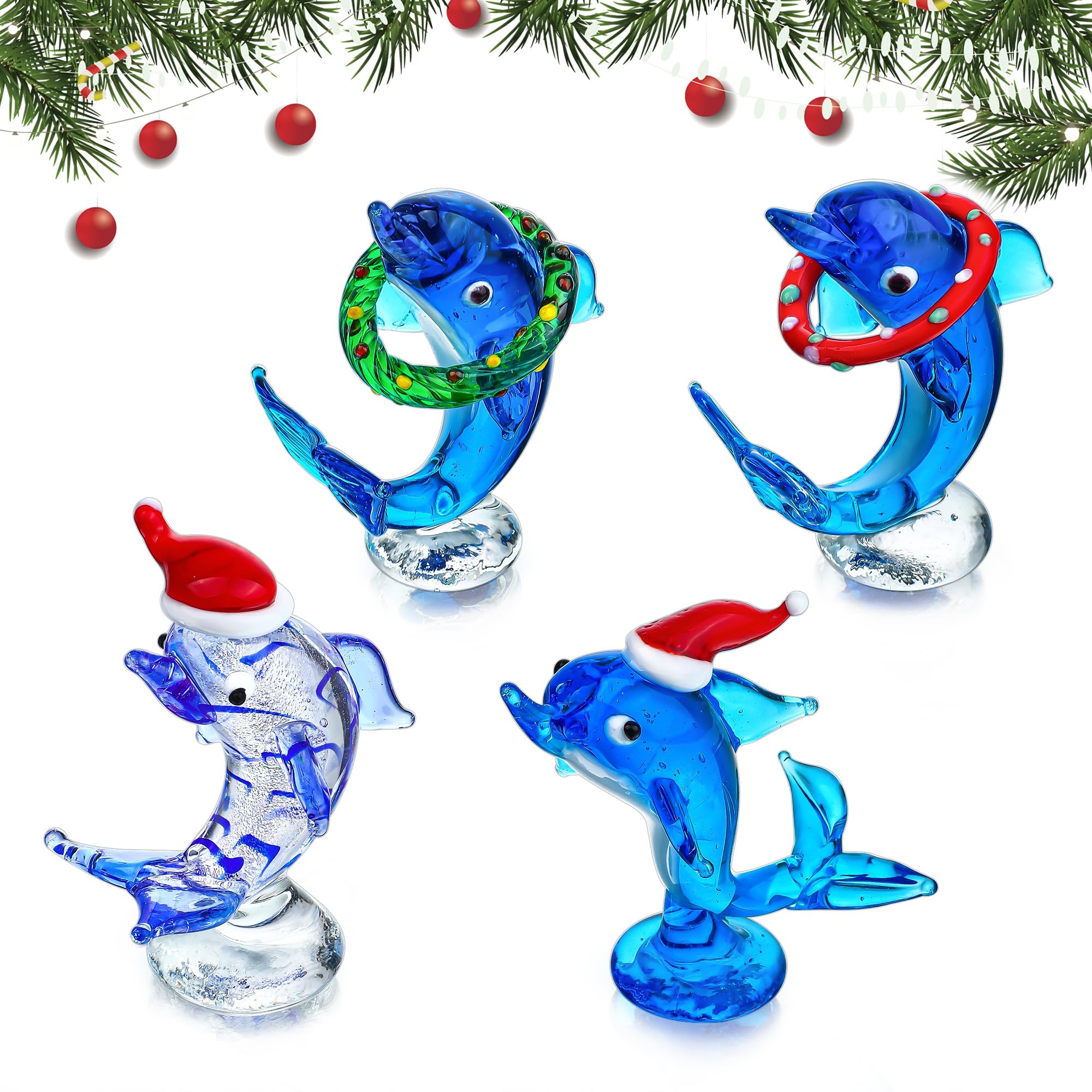 H&D HYALINE & DORA Set of 4 Blown Glass Dolphins Figurines with Hat Christmas Decorative Tiny Glass Animals Collectible Gifts for Christmas Home