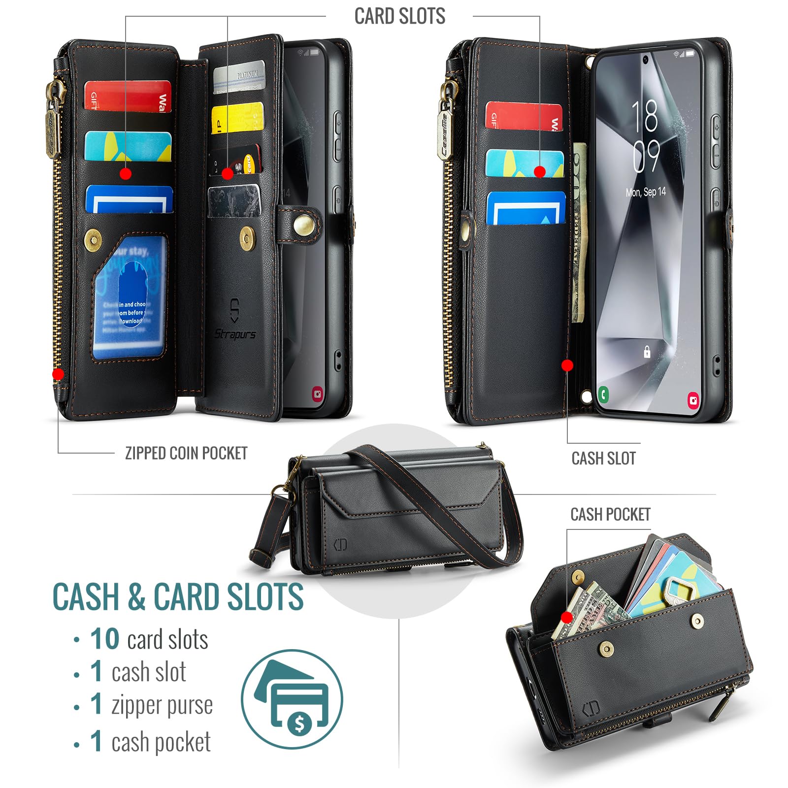 Strapurs Crossbody for Samsung Galaxy S24 Plus Case Walletã€?RFID Blockingã€‘ with 10-Card Holder Zipper Bills Slot, PU Leather Magnetic Shoulder Strap for Galaxy S24 Plus 5G Phone Case for Women,Black