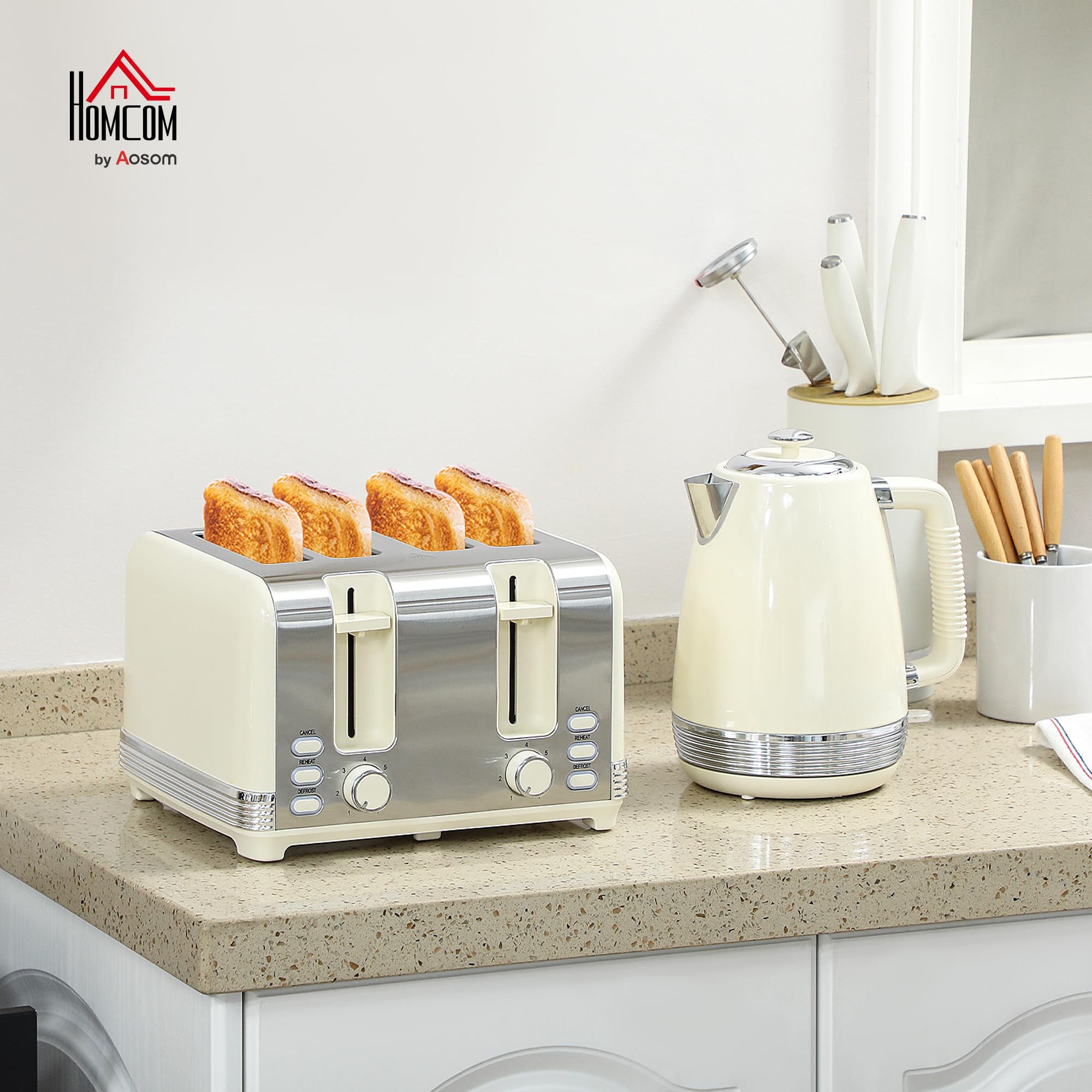 Homcom Grille-pain 4 tranches Bouilloire 1,7 L 2200 W Set petit-déjeuner